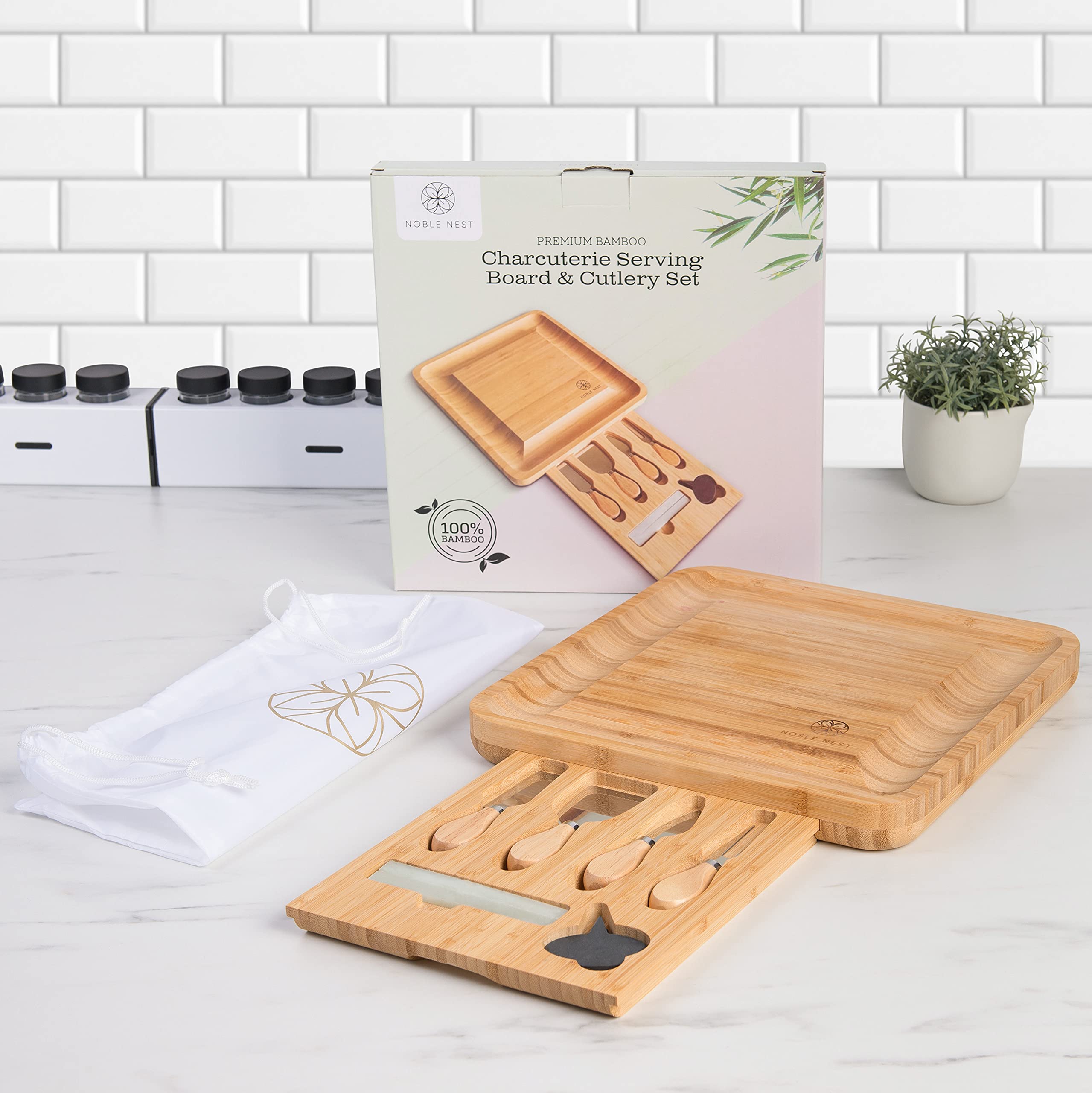 Premium Bamboo Cheese Board Set with Knives, Slate Labels & Chalk Marker - Elegant Charcuterie Platter for Entertaining | Perfect Gift for Wine Lovers, Bridal Showers & Weddings | Includes Drawer Storage & Travel Bag for Picnics & Parties