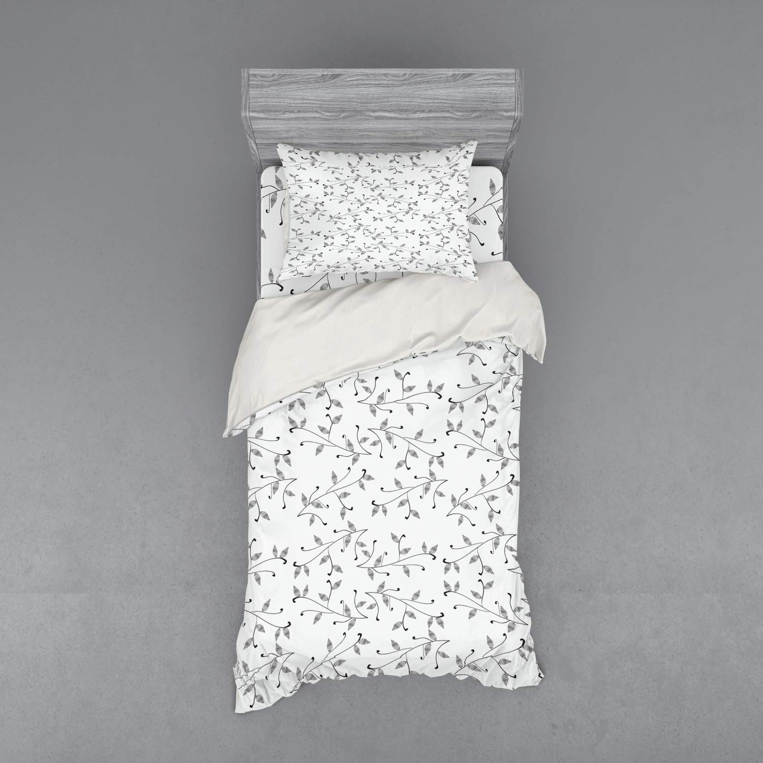 Ambesonne Minimalist Leaf Duvet Cover Set - Monochrome Botanical Branch Design, Eco-Friendly 3-Piece Bedding Set with Pillow Sham & Fitted Sheet, Twin Size Grey White - Perfect for Modern Bedrooms, Guest Rooms & Nature-Inspired Home Decor