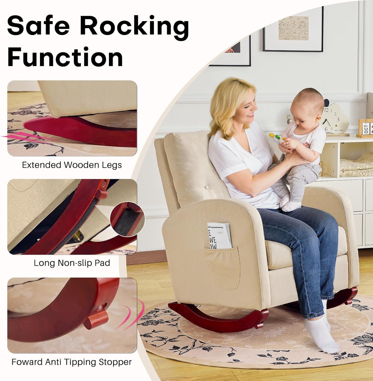 Redlife Nursery Rocking Chair - High Back Linen Upholstered Glider Rocker with Side Pocket for Living Room, Bedroom, Nursery - Comfortable Indoor Rocking Chair for Nursing, Reading & Relaxation (Beige)