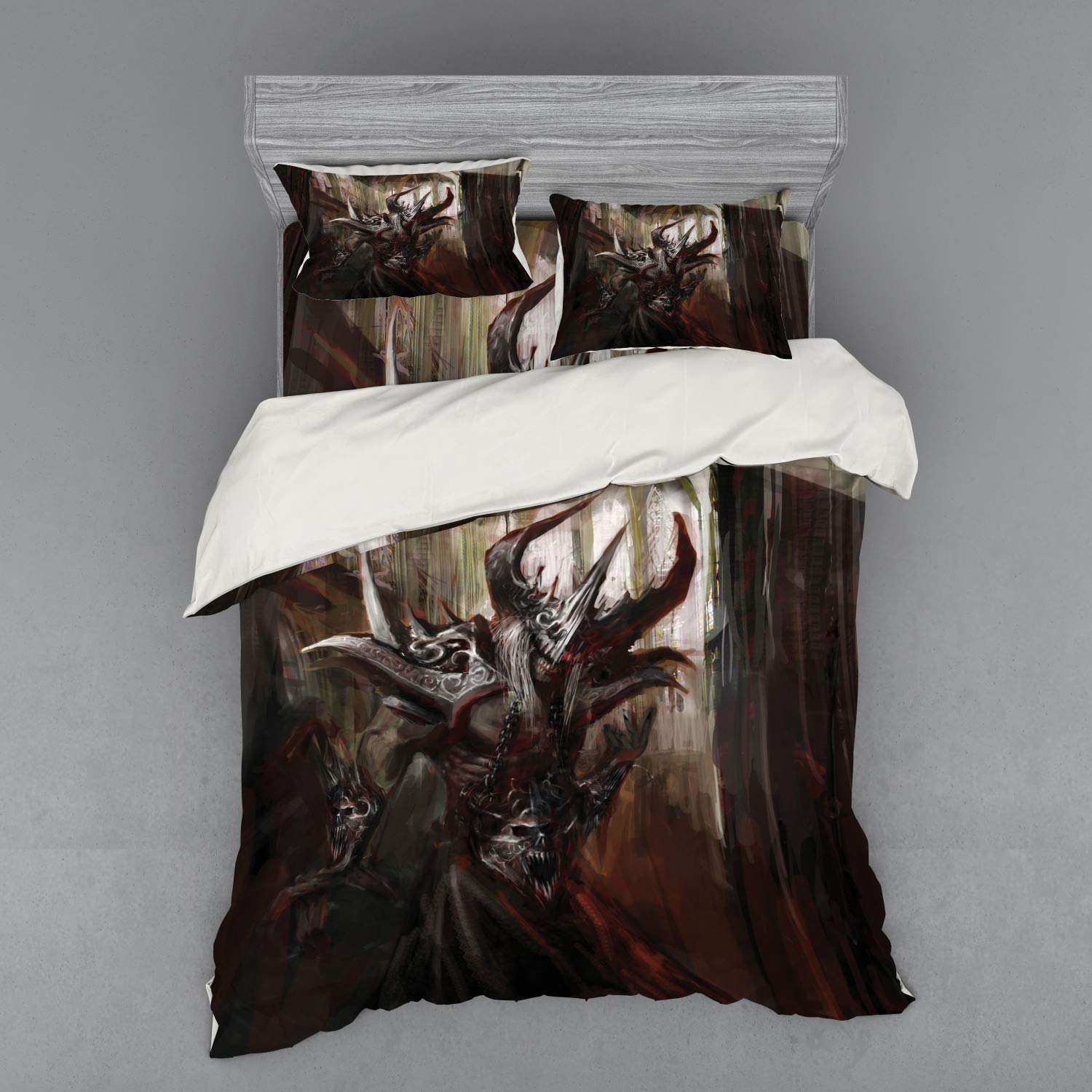 Ambesonne Fantasy World Bedding Set - 4 Piece Duvet Cover Set with Shams & Fitted Sheet, Queen Size, Red Grey, Armored Evil Monster Apocalyptic Knight Print | Perfect for Gothic Bedroom Decor, Themed Guest Rooms & Fantasy Lover Gifts