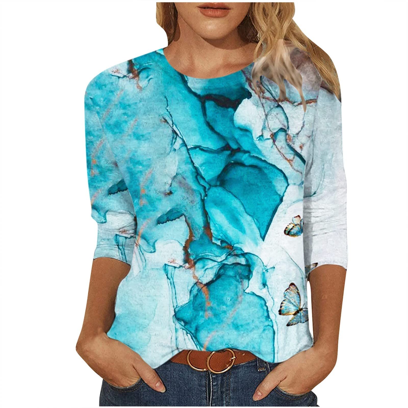 Trendy Women's 3/4 Sleeve Summer T-Shirts - Floral Print Loose Tunic Tops & Plus Size Casual Crewneck Tees for Beach, Vacation & Everyday Wear