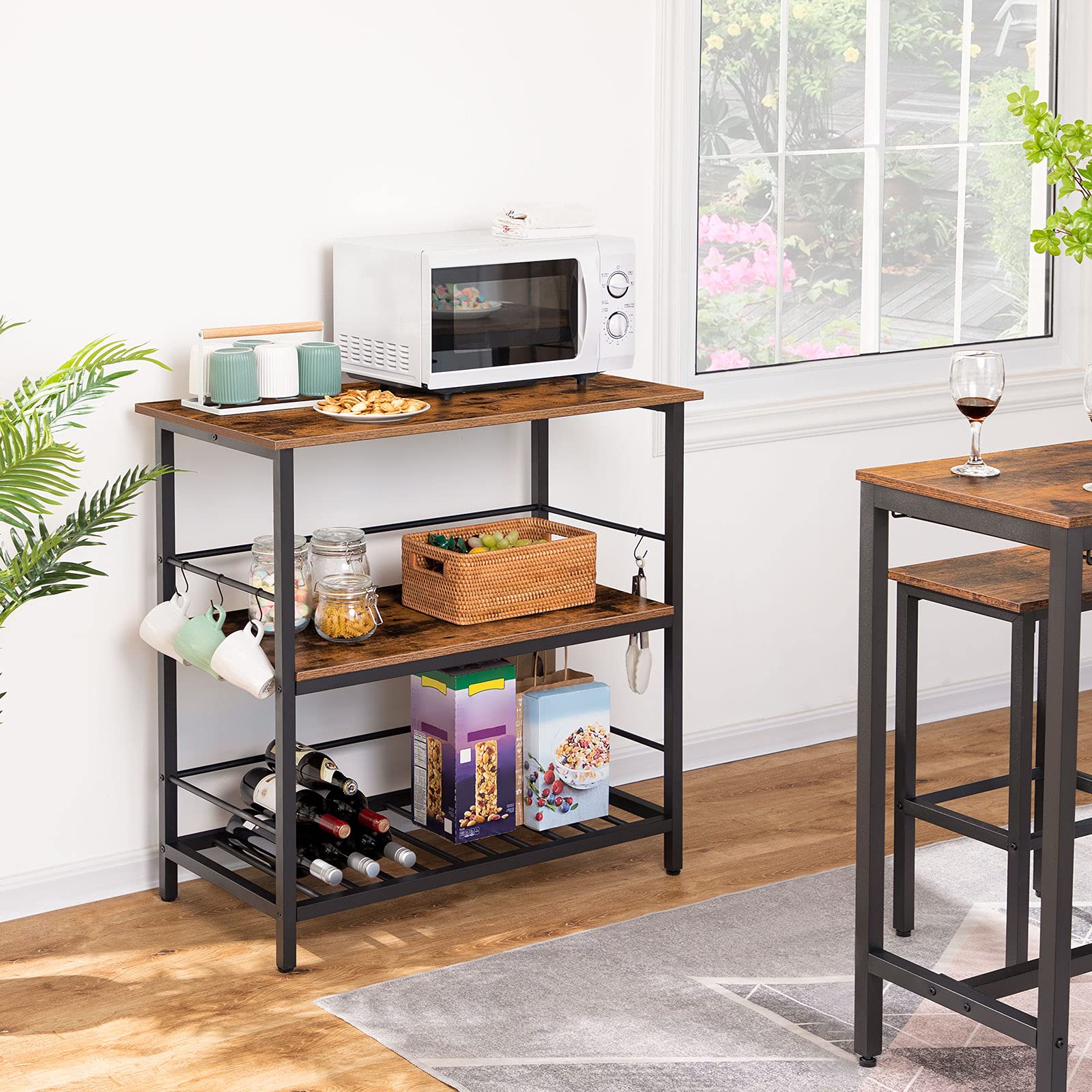 HOOBRO Rustic Brown Kitchen Island with Wine Rack - Industrial Style 3-Tier Kitchen Cart with Hooks, Protective Rails & Large Workstation - Easy Assembly for Small Spaces, Dining Rooms & Home Bars