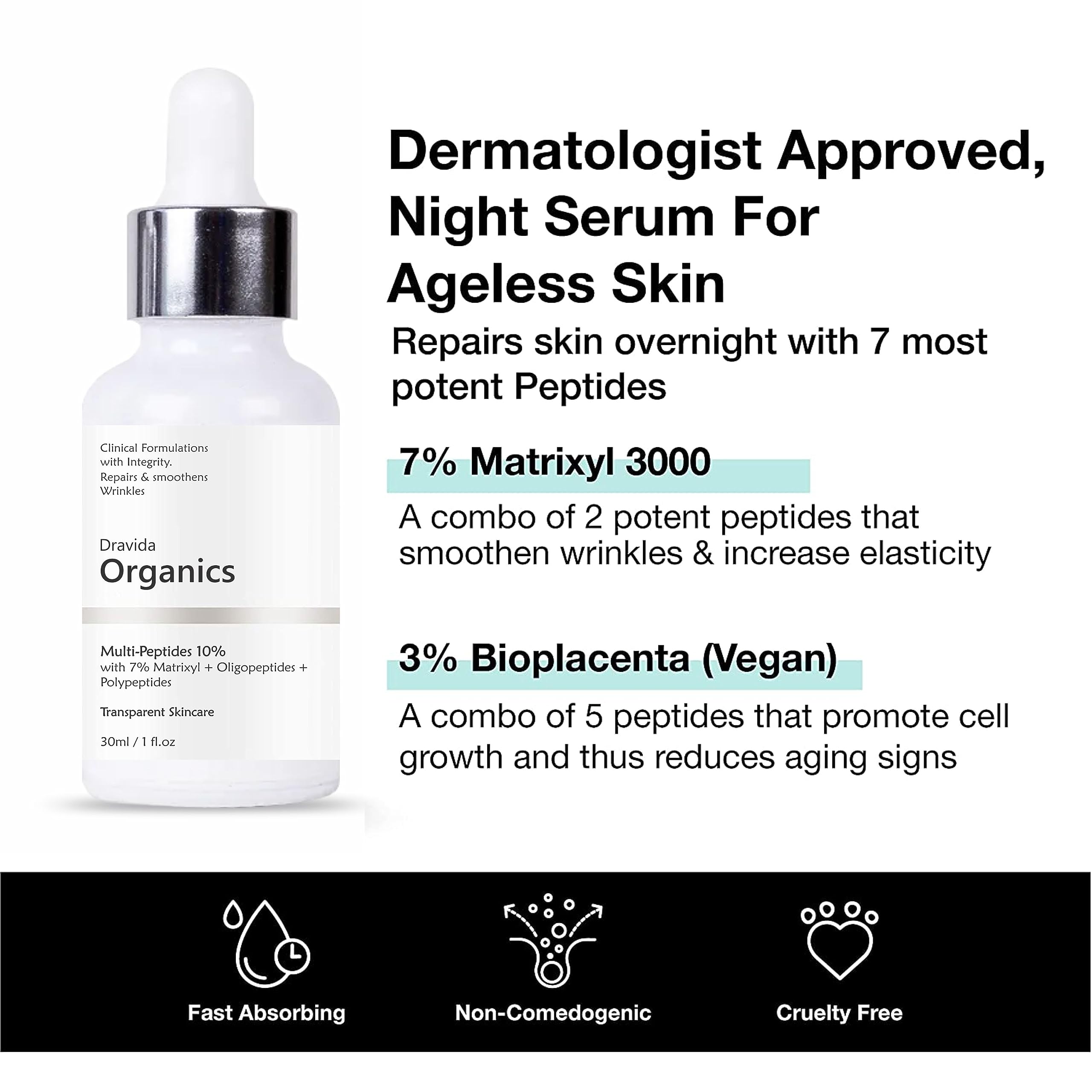 Dravida Organics Multi Peptide Night Face Serum - Collagen Boosting & Hydrating Overnight Repair Serum for Women & Men (30ml) | Anti-Aging, Wrinkle Reduction & Skin Rejuvenation | Perfect for Nighttime Skincare Routine