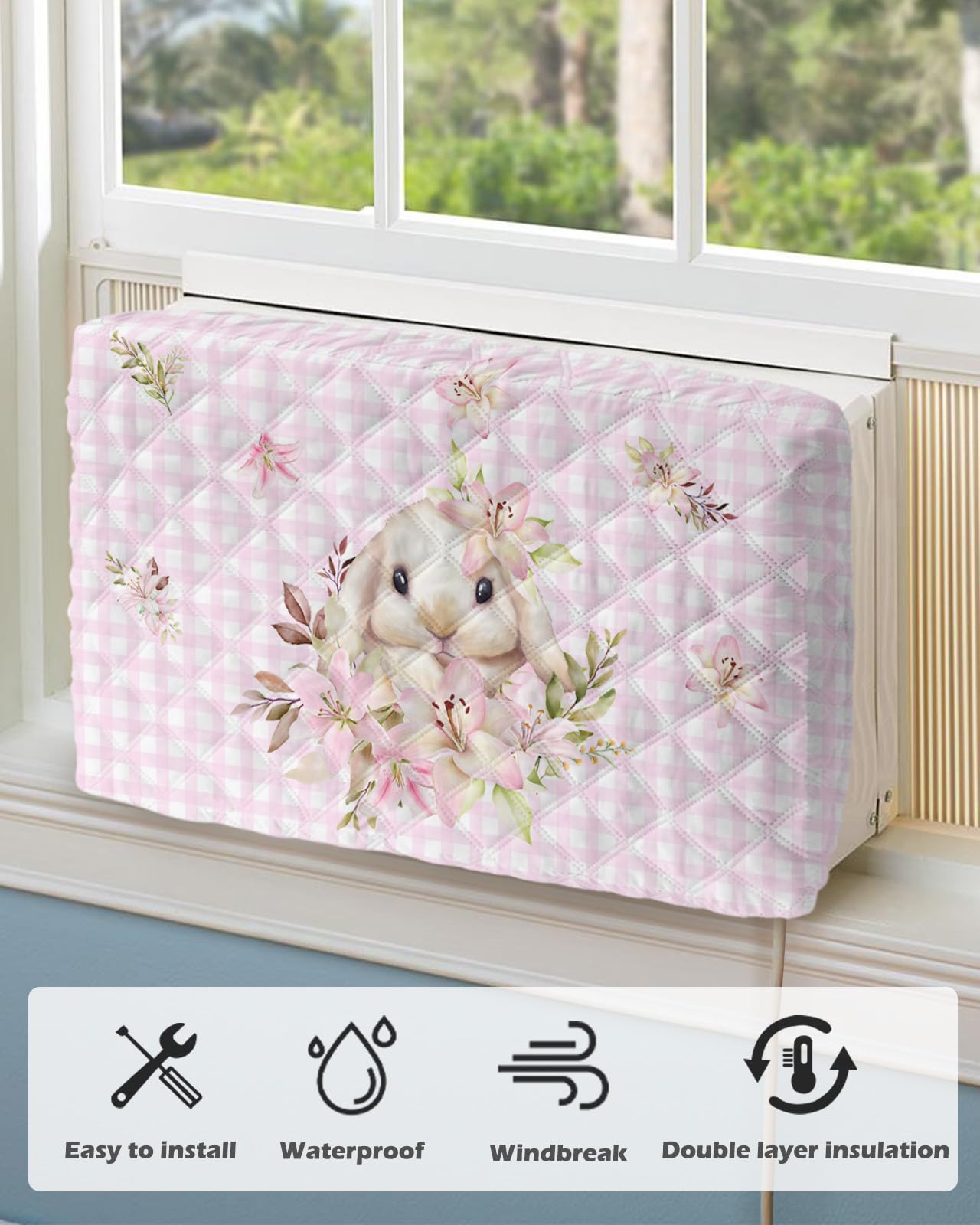 Pink Plaid Indoor Air Conditioner Cover for Window Units - Double Insulation, Adjustable & Waterproof AC Cover with Elastic Straps - 28'' x 20'' x 3.5'' - Perfect for Easter Bunny, Spring Flowers & Leaves Decor - Ideal for Home, Office & Seasonal Protection