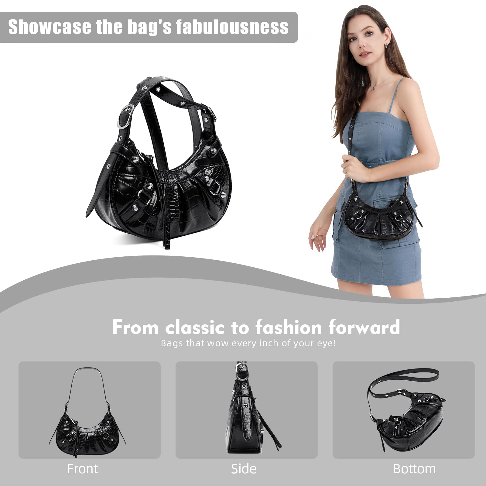 Stylish Women's Crossbody Shoulder Bag with Adjustable Strap - Punk Studded Y2K Underarm Purse for Everyday Use, Travel & Night Out