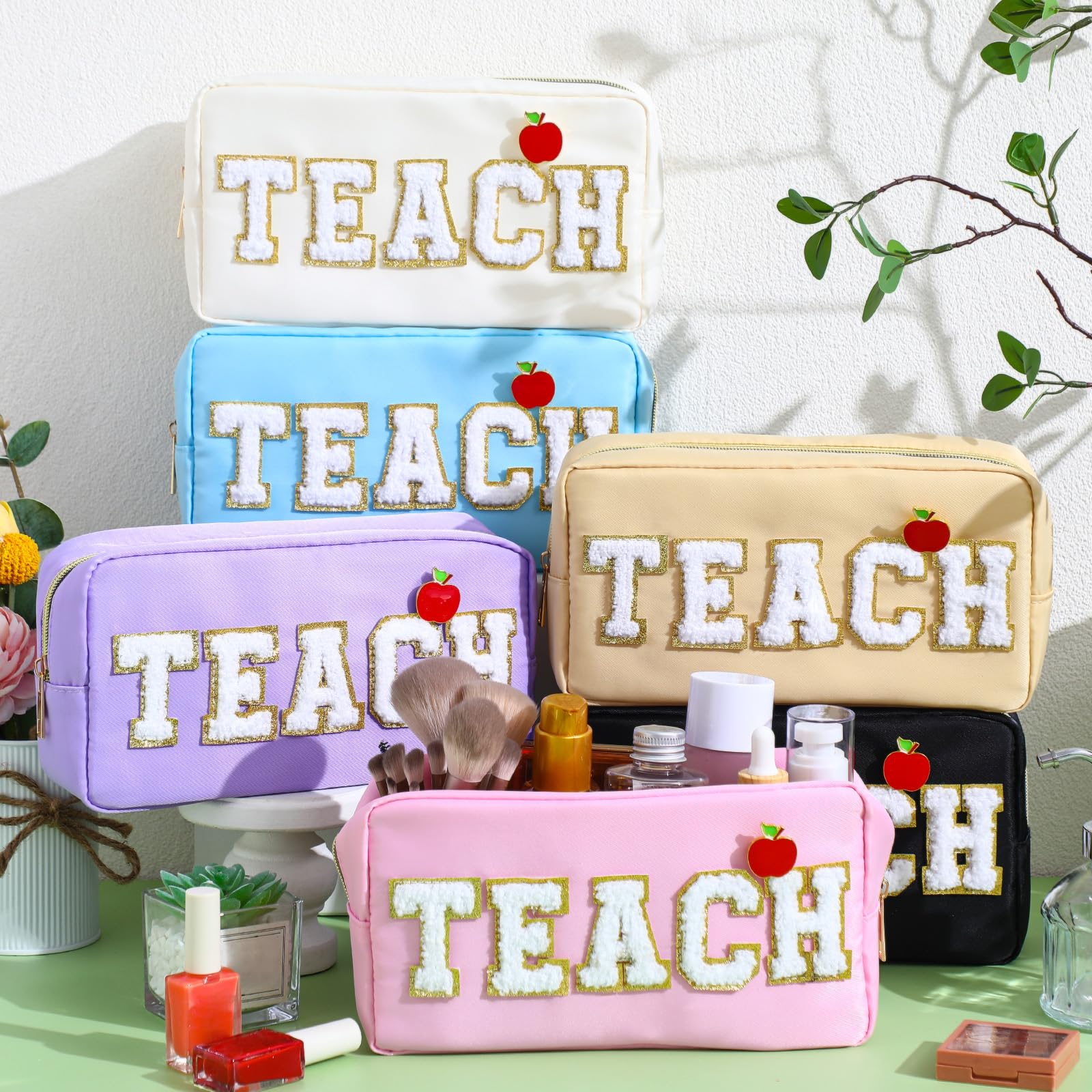 6 Pcs Teacher Appreciation Gift Set - Chenille Letter Bag & Apple Pins for School, Retirement, Birthday