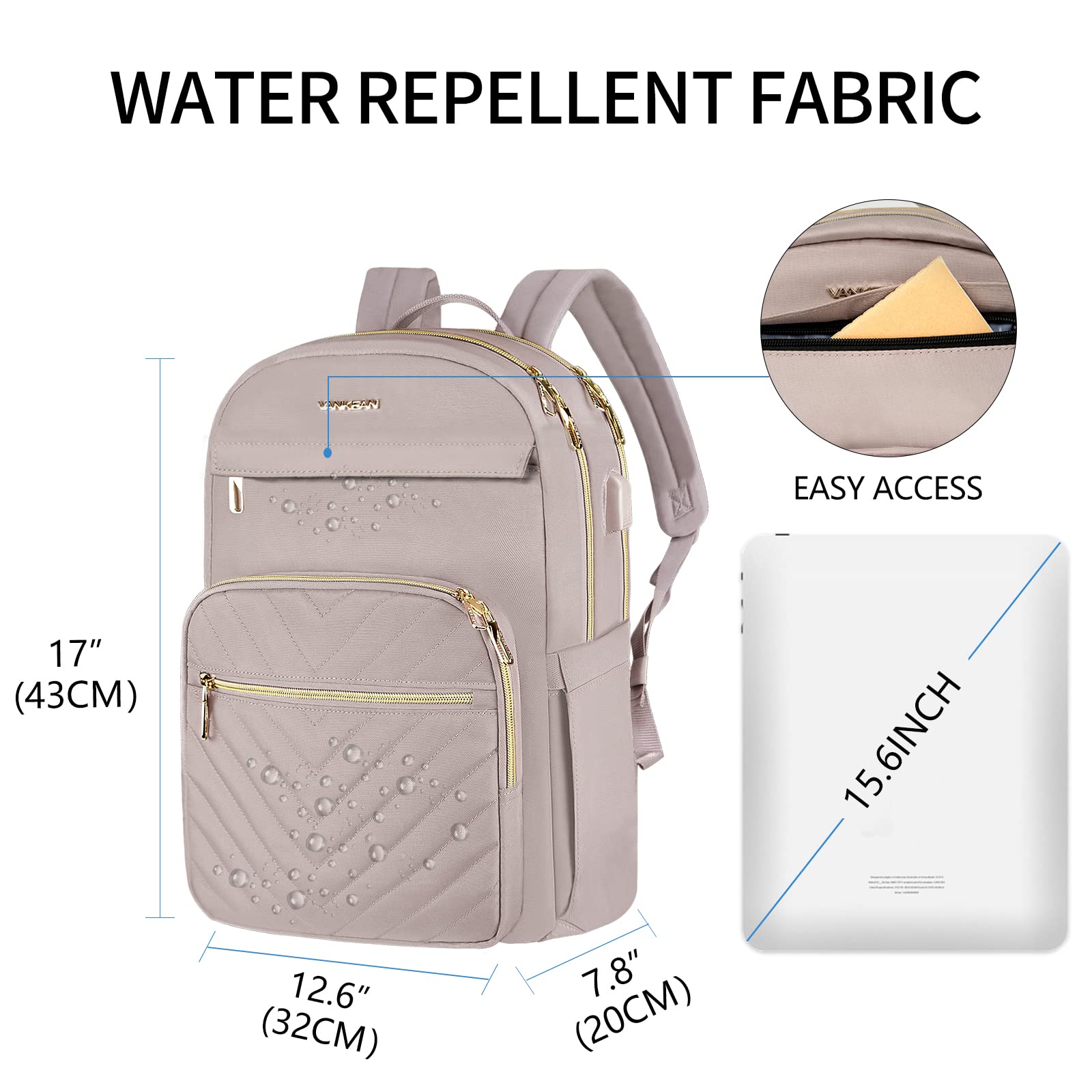 VANKEAN 15.6 Inch Laptop Backpack for Women - USB Charging Port, Waterproof Travel Bag, Stylish Work Backpack for College & Business (Light Dusty Pink) - Perfect for Commuting, Office Work & School Use