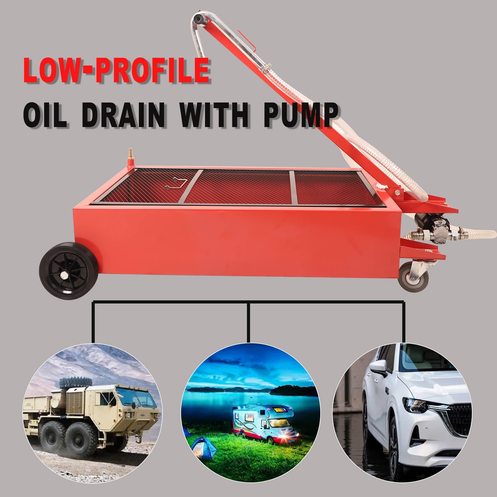 17 Gallon Low Profile Roll Around Oil Drain Pan with 110V Electric Pump & 8ft Hose - Heavy Duty Oil Change Kit for Trucks, Cars, SUVs (Red) - Ideal for DIY Mechanics & Professional Auto Shops