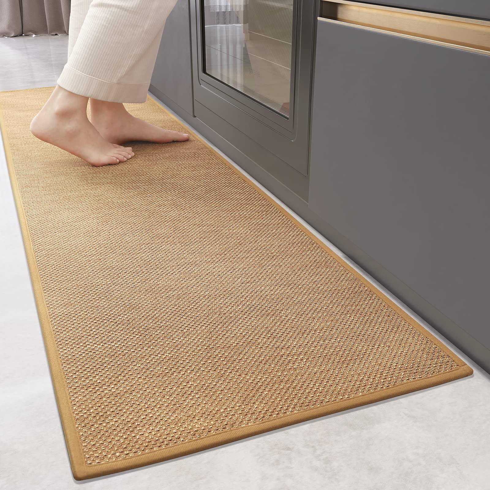 Non-Slip Washable Beige Kitchen Rugs and Mats - 17”x47” Absorbent Woven Runner for Sink, Laundry Room, Hallway, Bathroom & Entryway - Easy to Clean Floor Mats for Home & Office
