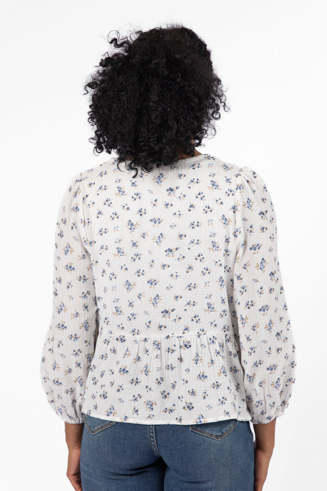 Elegant Ivory & Blue Bow Detail Floral Blouse for Women | Romantic Spring Summer Top | Perfect for Date Night, Office Wear & Special Occasions