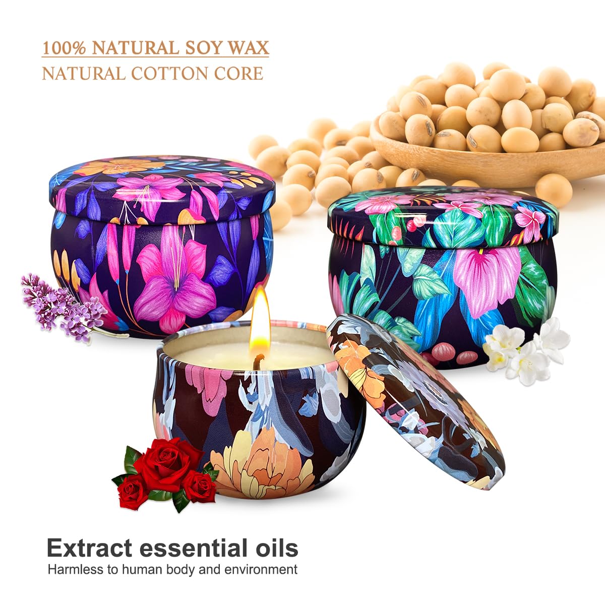 Set of 3 Floral Scented Candles - 2.5oz Natural Soy Wax Candles with 36-Hour Burn Time (Lilac, Rose, Freesia) | Aromatherapy Gifts for Women, Home Decor & Relaxation - Perfect for Bathroom, Bedroom and Meditation Spaces