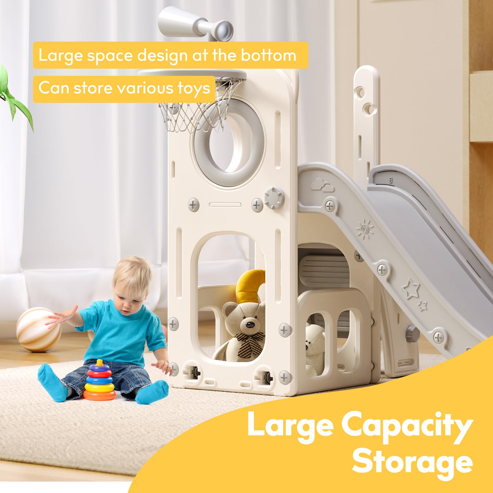 6-in-1 Multifunctional Toddler Playset with Slide, Basketball Hoop & Ring Toss - Indoor/Outdoor Kids Playground Toy for Ages 1-3 Years - Perfect for Backyard, Playroom & Preschool Activities (White & Grey)