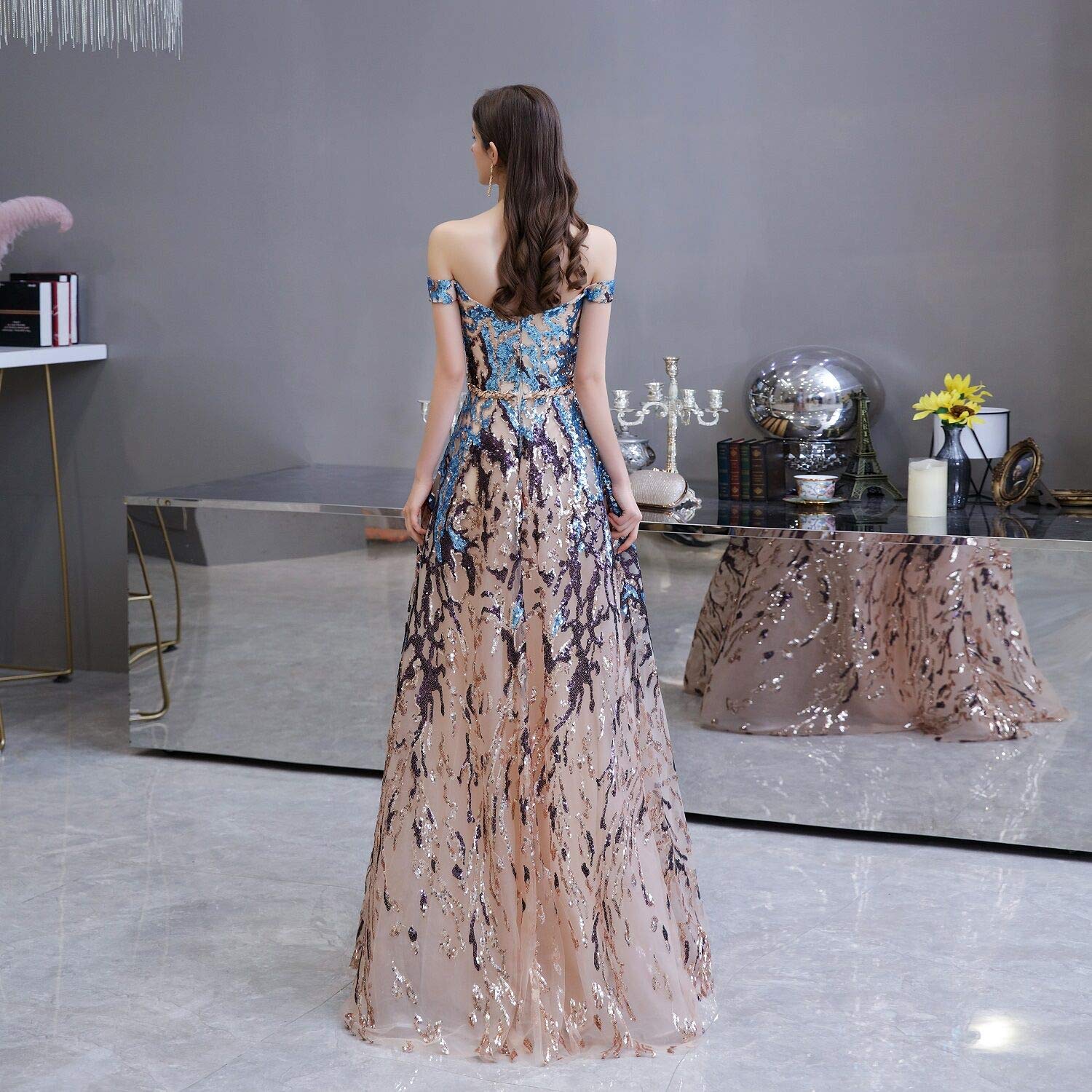 Blue Sequins A-Line Evening Dress | Off-Shoulder Bridesmaid & Prom Gown | Formal Party, Wedding, Homecoming, Cocktail Events