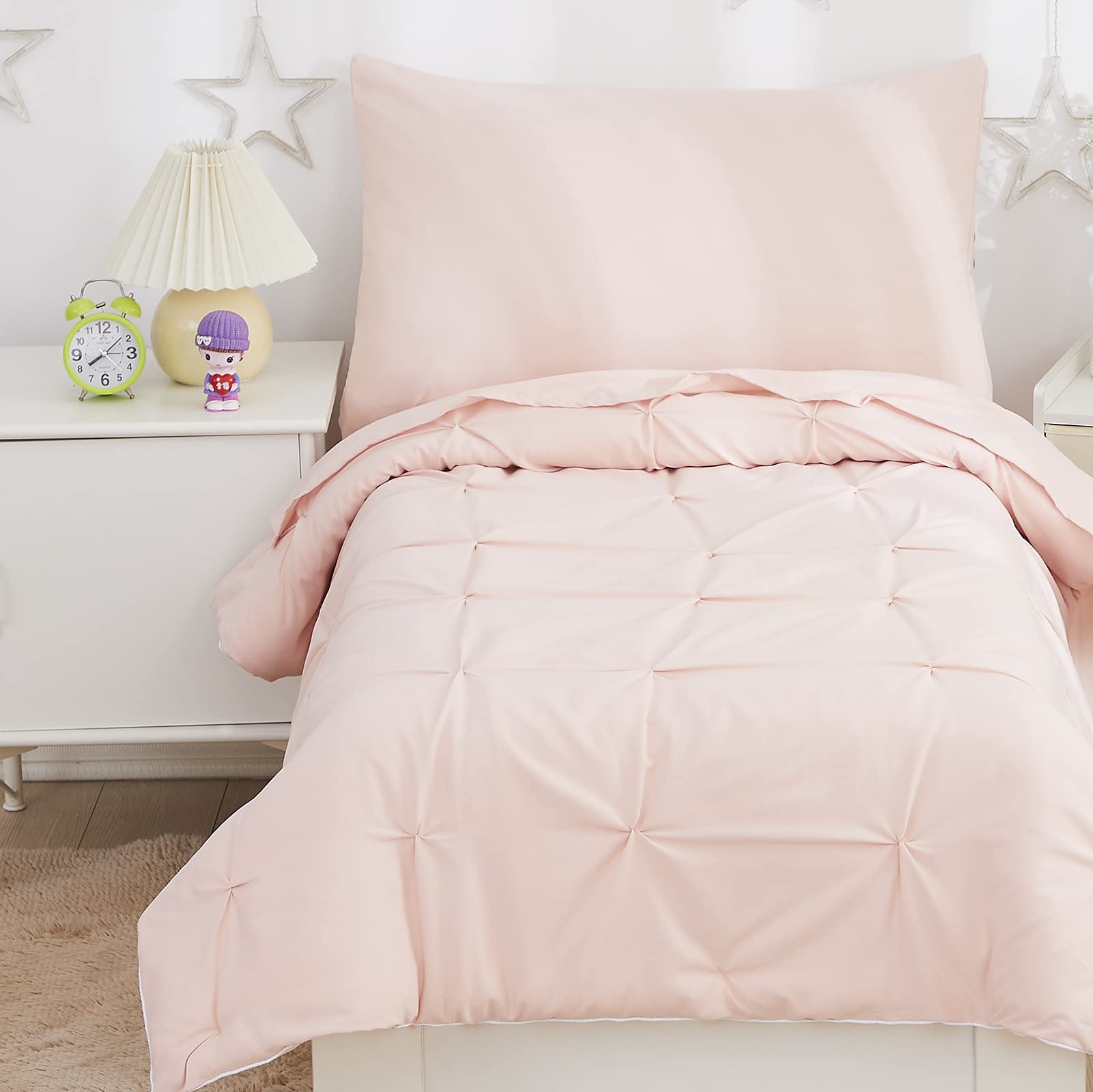 Brandream Pink Pintuck 4-Piece Toddler Bedding Set for Girls - Soft Comforter, Fitted Sheet, Flat Sheet & Pillowcase - Princess-Themed Luxury Kids Bedding | Perfect for Nursery, Daycare & Sleepovers