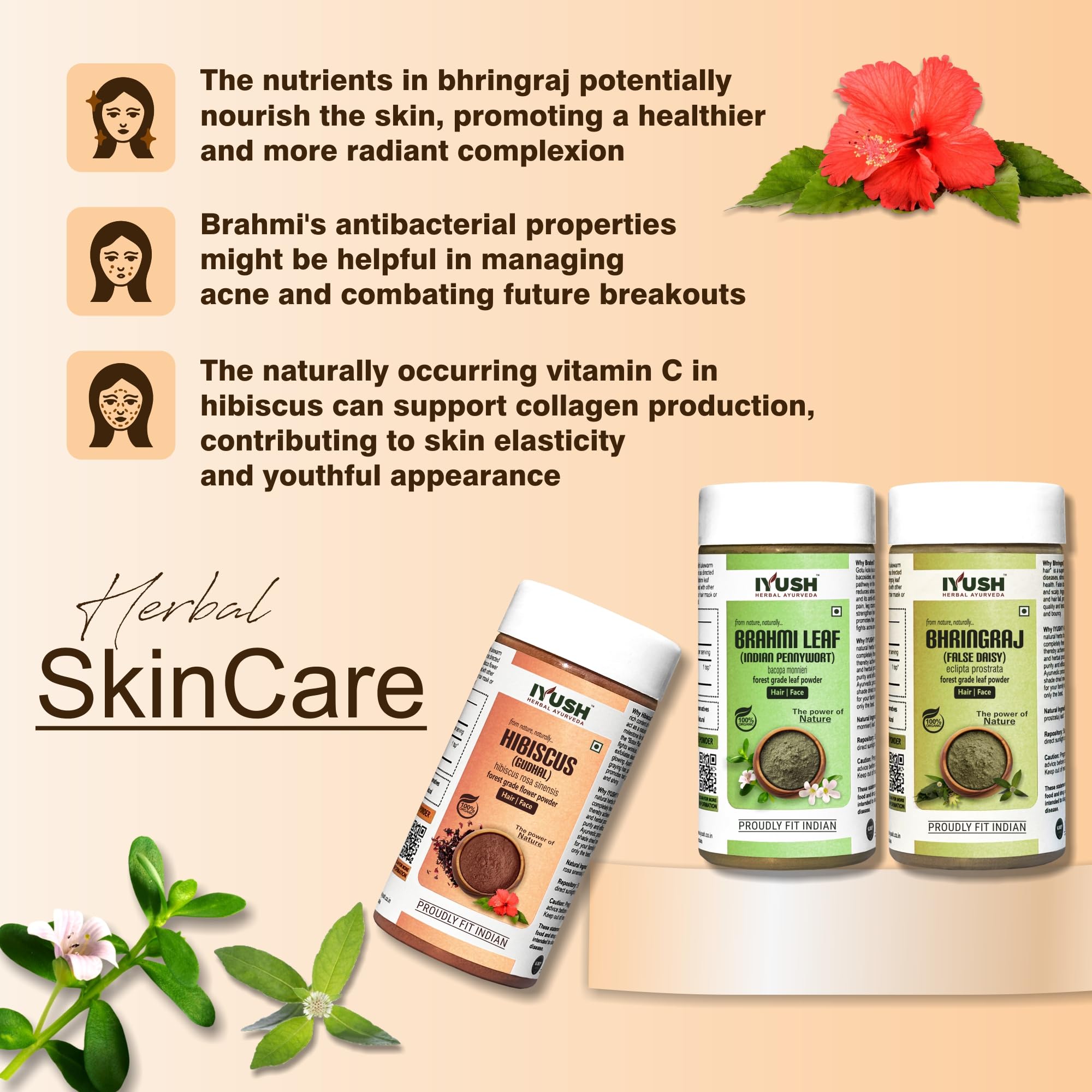 IYUSH Herbal Ayurveda Brahmi Bhringraj Hibiscus Powder – 750gm (250gm Each) | Natural Hair Growth & Scalp Treatment | Skin Care Solution | Promotes Thicker Hair & Healthy Scalp | Perfect for DIY Hair Masks & Ayurvedic Beauty Routines