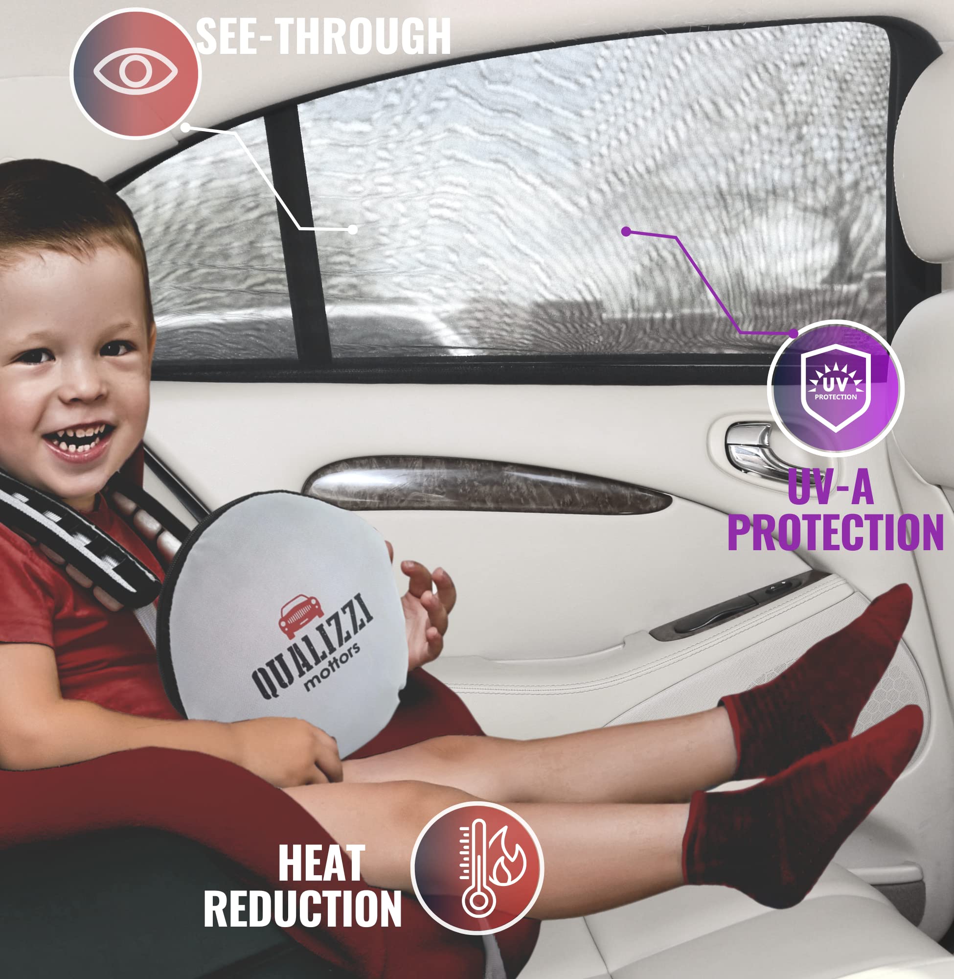 Qualizzi XXL Car Side Window Shades for SUVs (12 Sizes) - UV Protection, Heat & Bug Blocking Mesh Screens for Baby Safety & Privacy, 2-Pack Stretchable Sun Shades - Perfect for Road Trips & Summer Driving