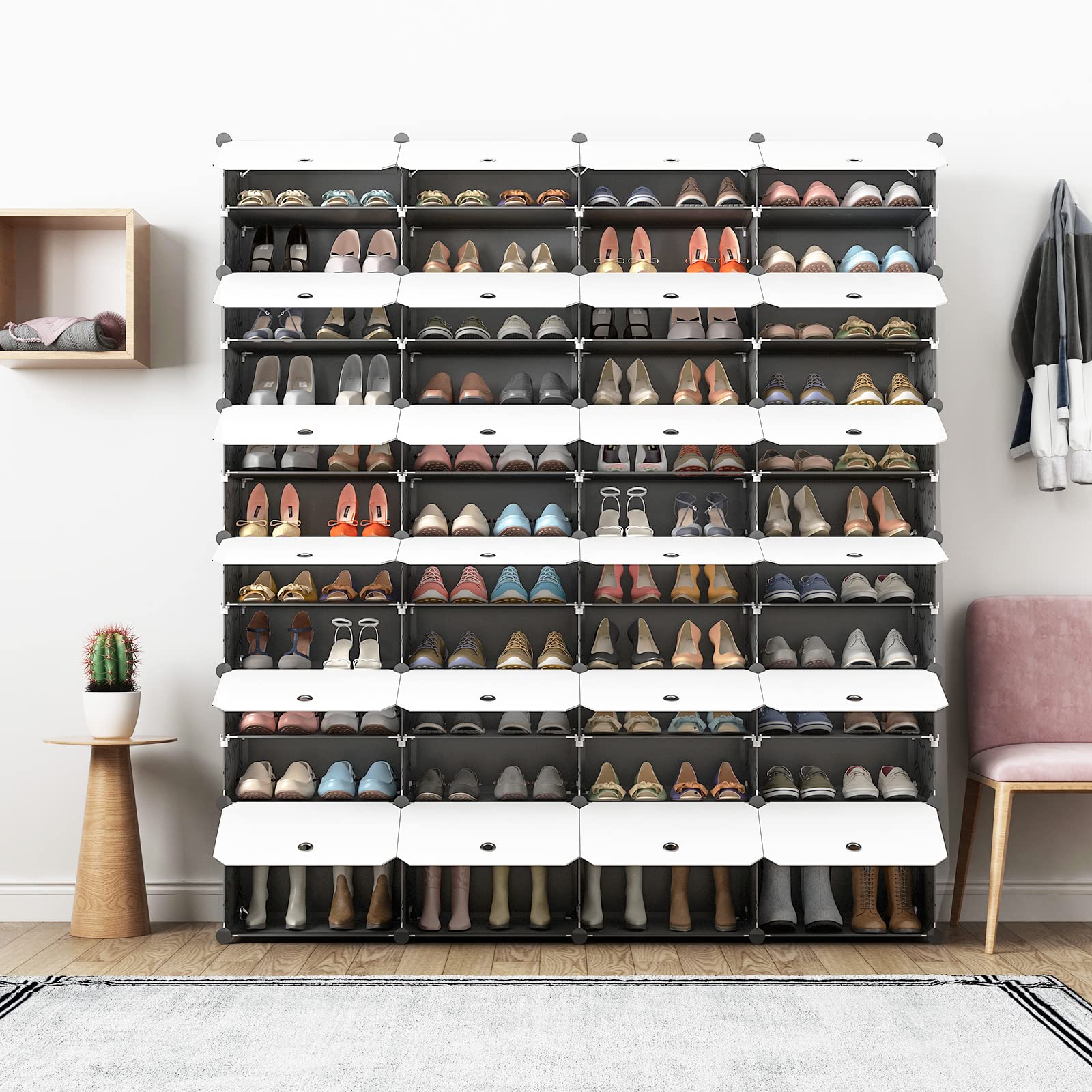Aeitc 96 Pairs Expandable Shoe Rack Organizer - Space Saving Stackable Shoe Storage Cabinet with Hooks & Side Shelf for Entryway, Closet, Bedroom - White Door Shoe Shelf for Small Spaces & Home Organization