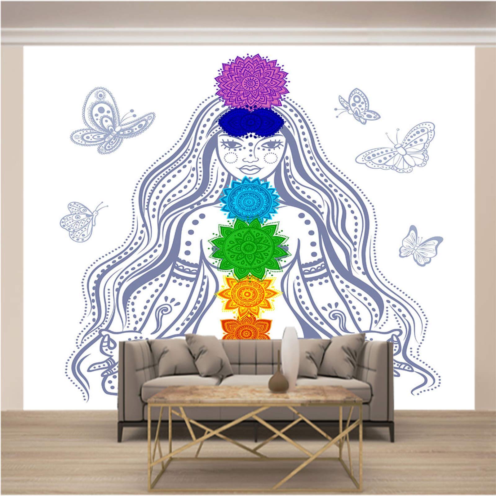 ZSZHI Cartoon Girls Flowers Yoga TV Background Wallpaper - Peel and Stick Wall Murals for Living Room, Bedroom, Sofa Backdrop - Original Wall Decal Stickers Gift for Home Decor - Perfect for Nursery, Kids Room & Yoga Studio