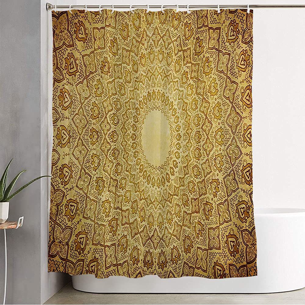 Yellow Gringe Oriental Ornament Bathroom Shower Curtain Set - Antique East Architecture Middle Eastern Design, Waterproof Fabric with Hooks, 72 x 78 Inches - Perfect for Vintage & Boho Bathroom Decor