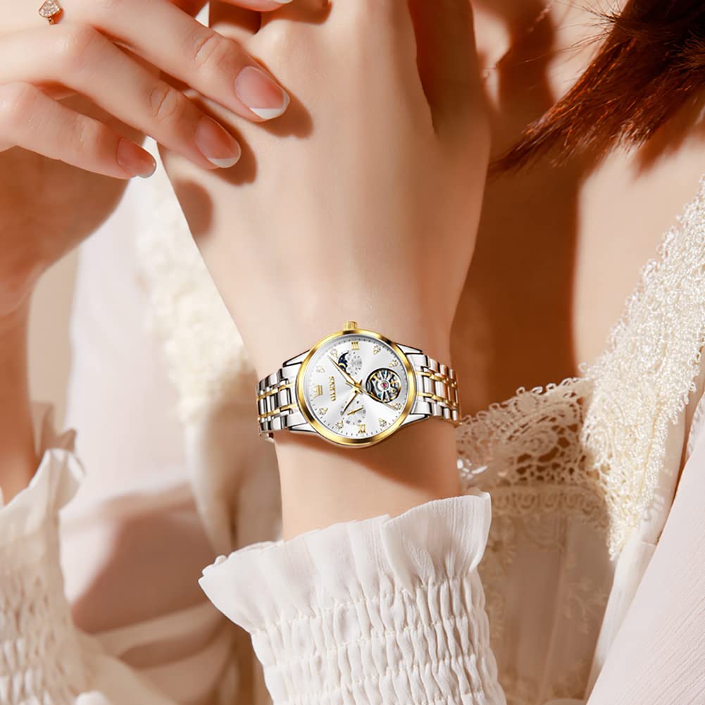 OLEVS Automatic Women's Watches with Diamond Tourbillon, Moon Phase & Luminous - Waterproof Dress Wristwatch for Business, Party & Everyday Wear
