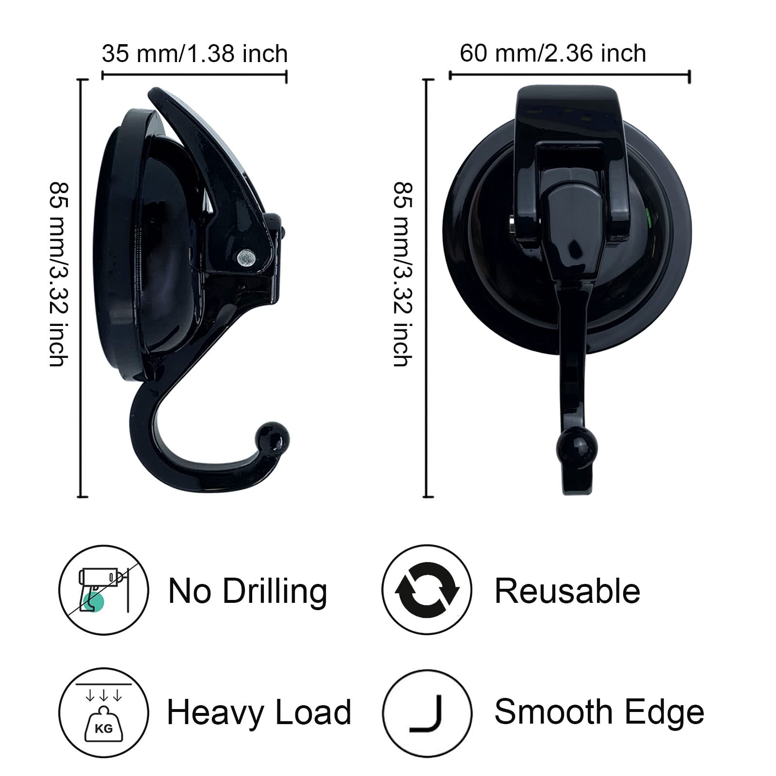 Heavy Duty Vacuum Suction Shower Hooks - 6 Pack Reusable Bathroom Hooks for Towels, Robes & Decor, No Drilling Needed, Strong Adhesive for Tile & Glass - Perfect for Shower Organization & Holiday Garland Hanging (Black)