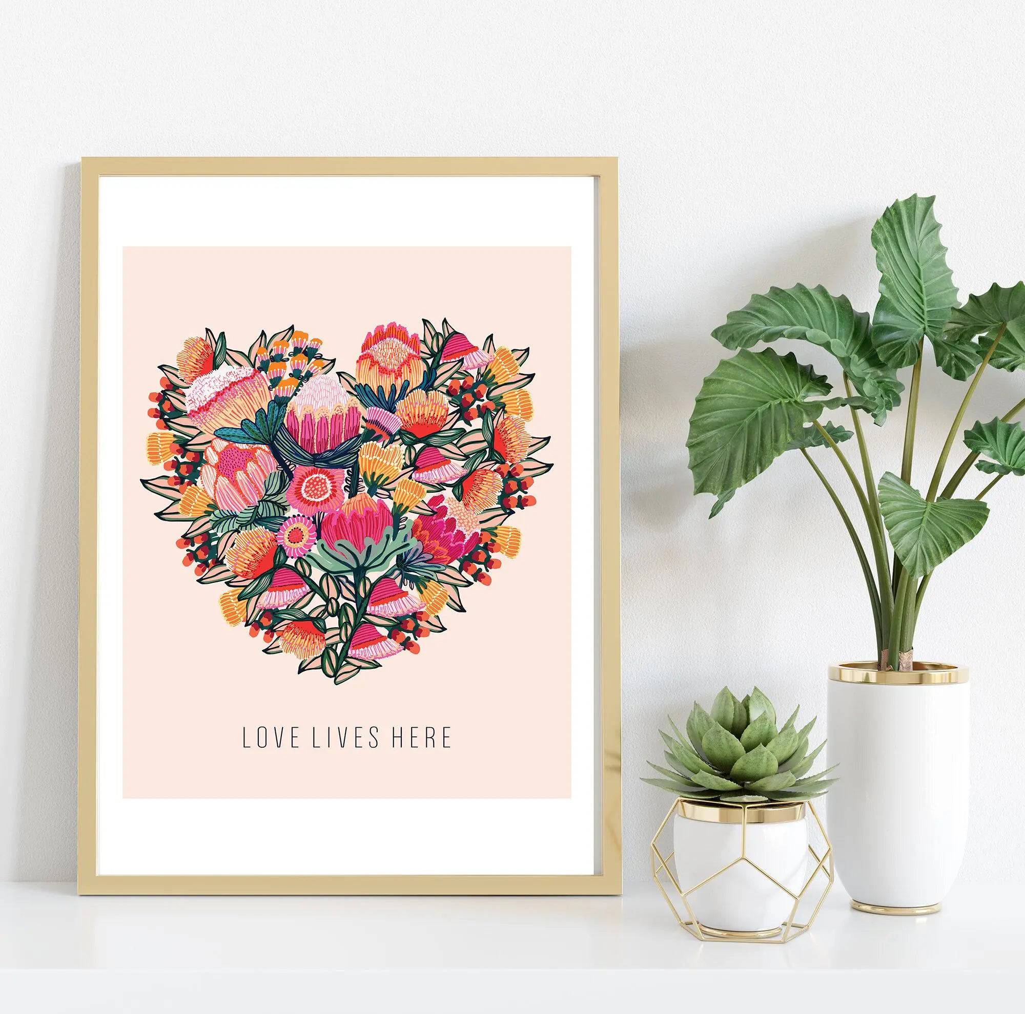 Love Lives Here Floral Heart Art Print - Beautiful Wall Decor for Home, Bedroom & Office - Perfect Gift for Valentine's Day, Wedding & Housewarming
