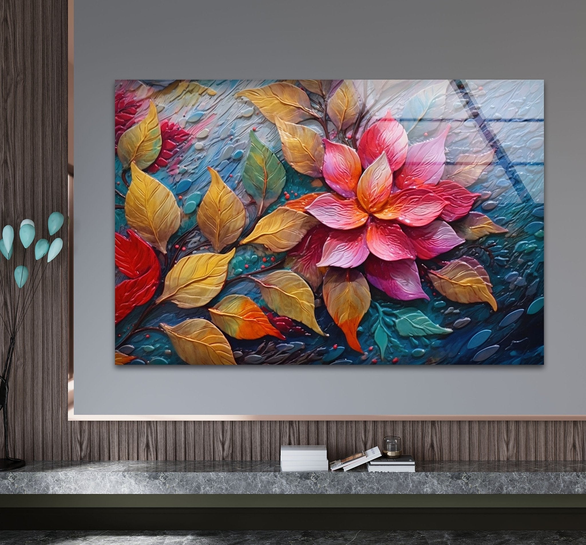 3D Vivid Pink Leafs Glass Wall Art - Modern Home Decor for Living Room, Bedroom & Office - Handmade Glass Leaf Mural with Stunning 3D Effect - Perfect Gift for Housewarming & Interior Design
