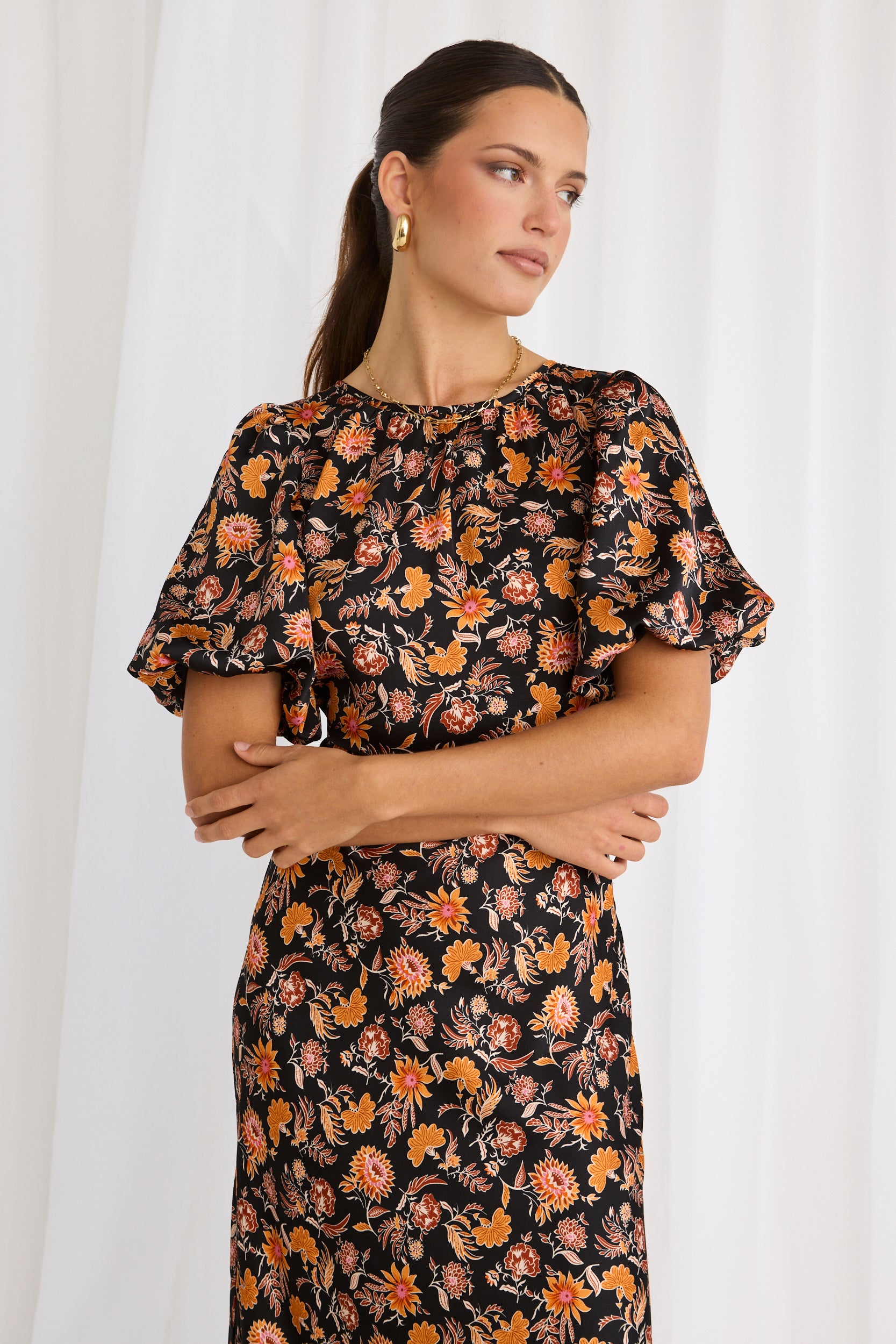 Astrid Black Floral Satin Puff Sleeve Bias Maxi Dress | Elegant Evening Gown for Women | Perfect for Weddings, Parties & Special Occasions