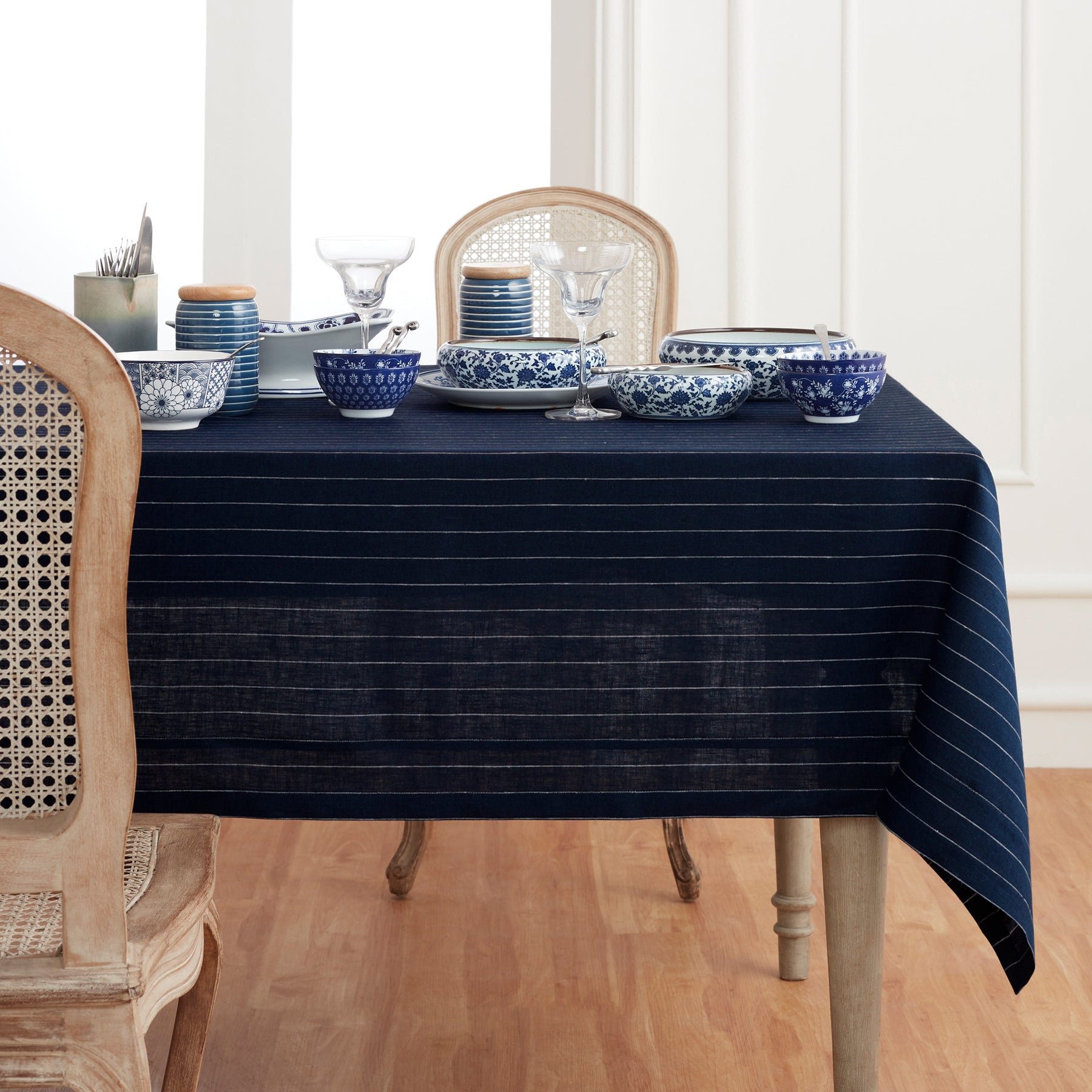Elegant Pinstripe Tablecloth for Dining & Events - Premium Cotton Table Cover for Restaurants, Weddings & Home Decor