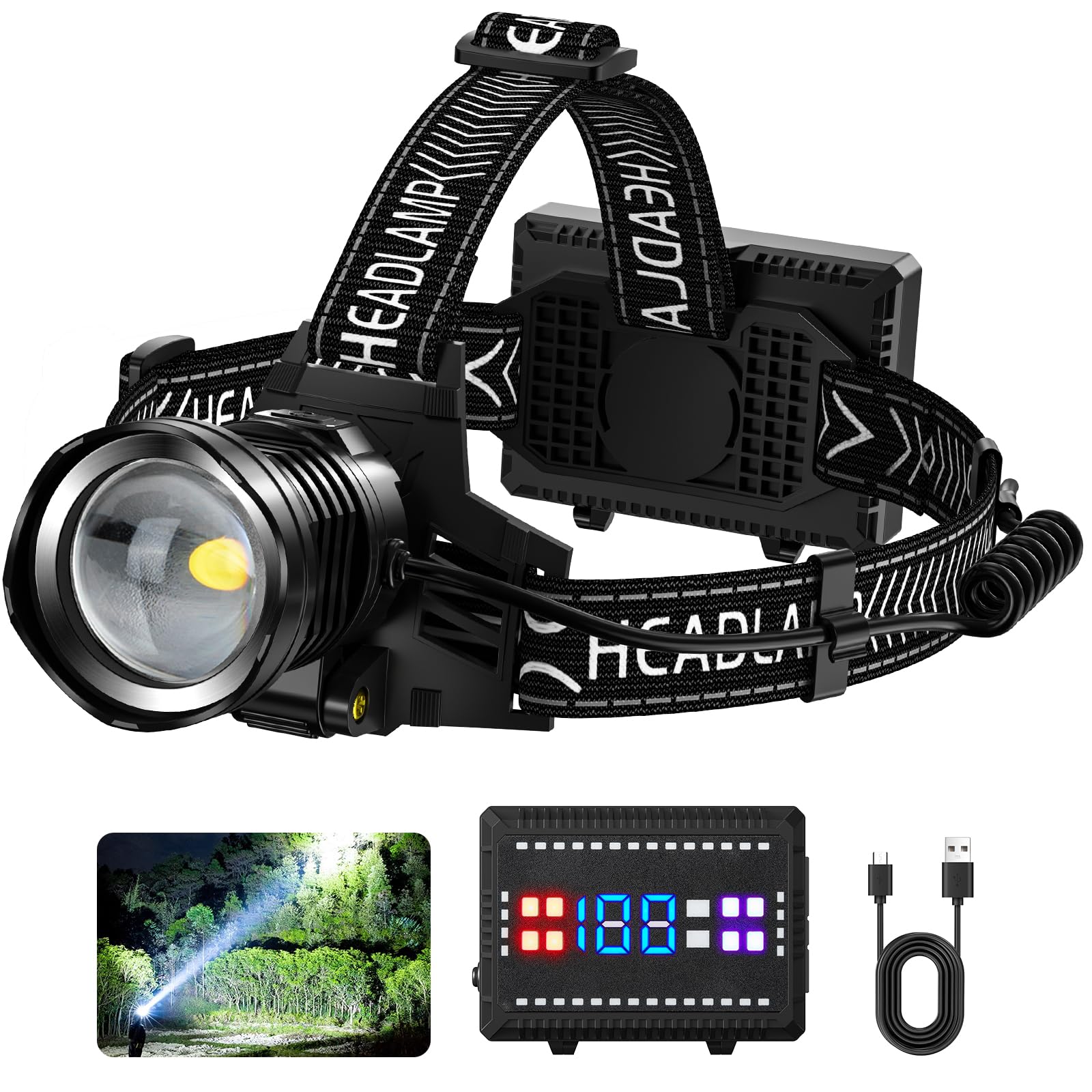 Rechargeable LED Headlamp 990000 High Lumens - 8 Modes Super Bright Headlamp with Digital Display, 45H Battery Life & IPX7 Waterproof - Perfect for Camping, Hiking, Running, Fishing and Outdoor Adventures
