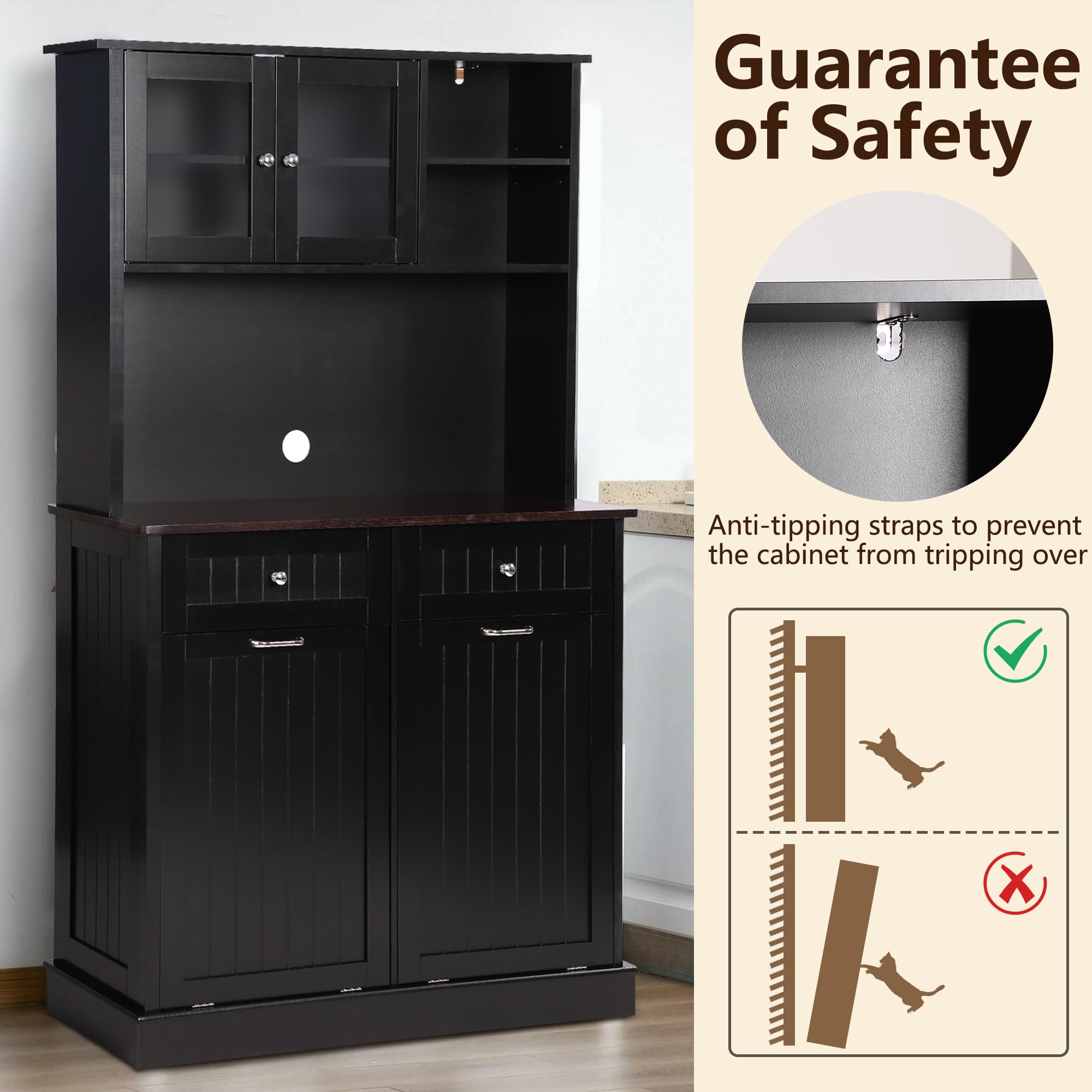 **Tall Freestanding Kitchen Pantry Storage Cabinet with Microwave Shelf & Tilt-Out Trash Bin - Classic Black - Perfect for Small Kitchens & Pantry Organization**