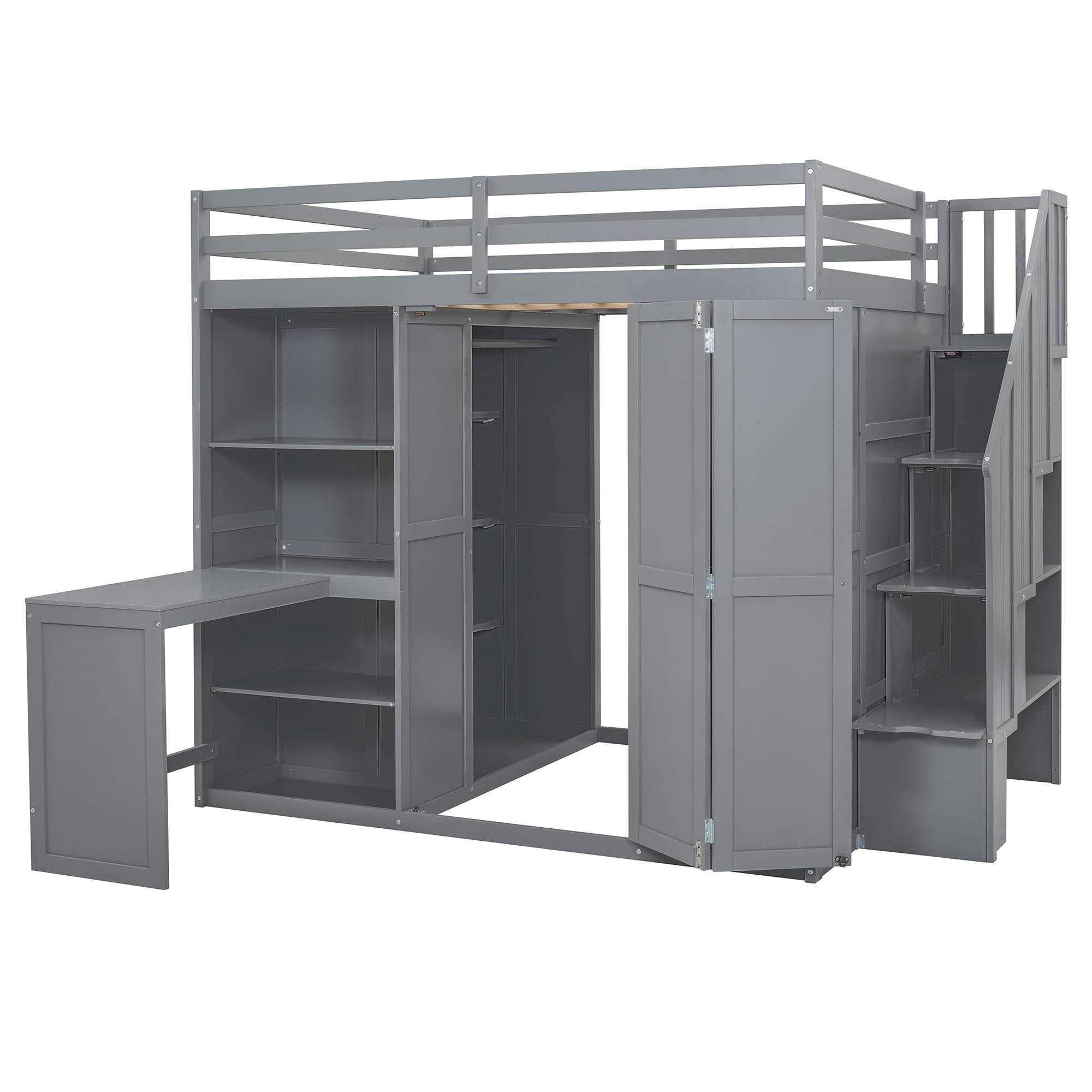 Merax Full Size Loft Bed with Wardrobe, Desk & Shelves - Sturdy Wooden Bunk Bed Frame in Grey - Perfect for Small Spaces, Dorm Rooms & Kids Bedrooms