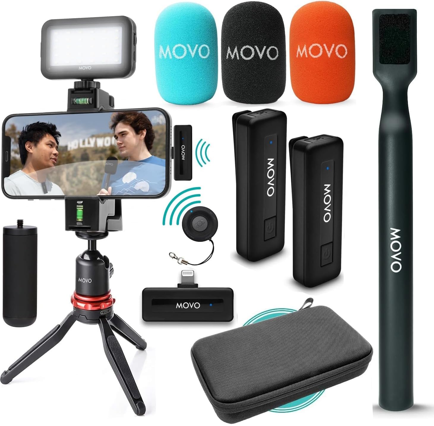 MOVO iVlogger Wireless Vlogging Kit for iPhone - Dual Lavalier Microphones, Tripod, Phone Mount, LED Light & Remote | Complete YouTube Starter Kit for Content Creators, Travel Vlogging, Live Streaming & Social Media Videos