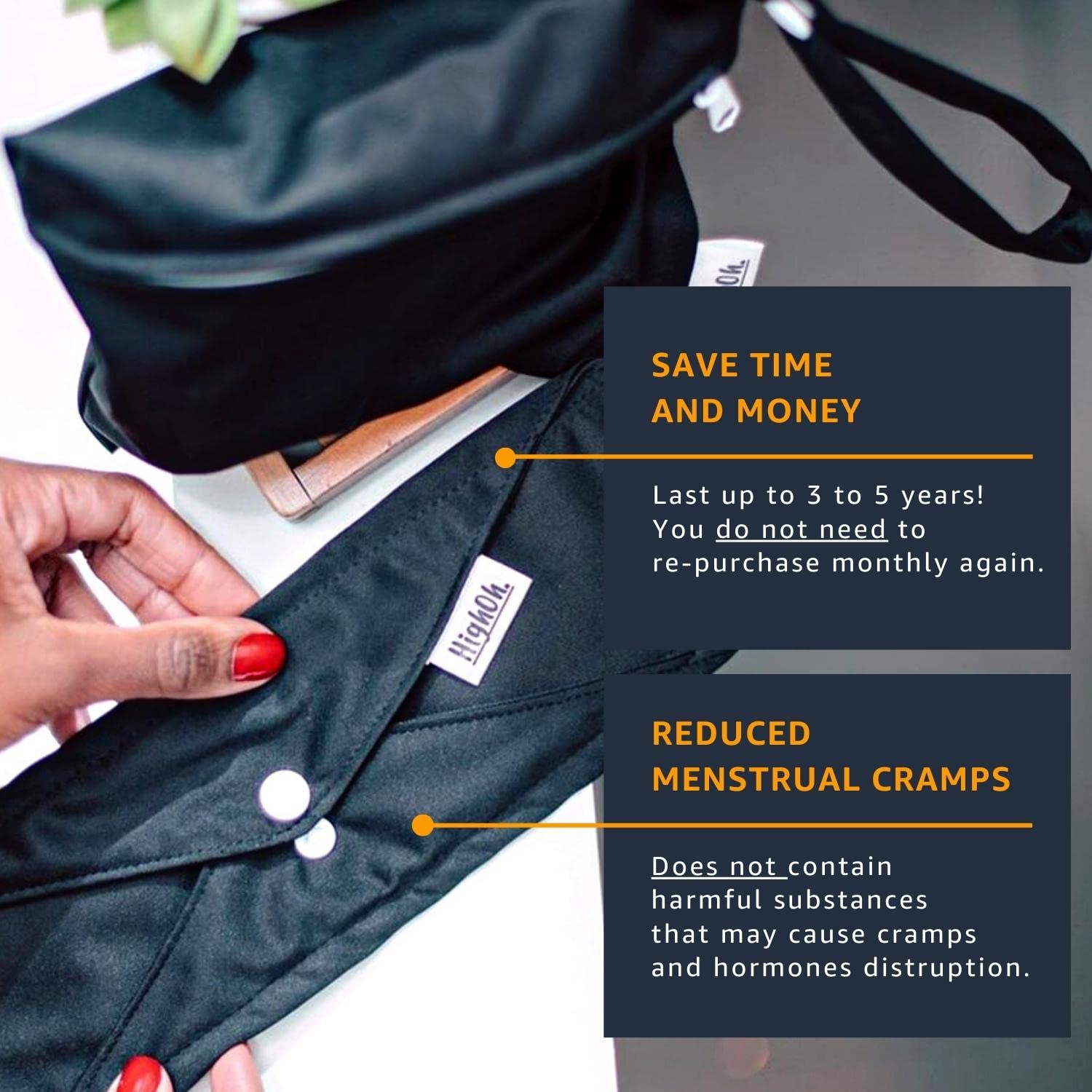 HighOh™ Reusable Sanitary Pads - Soft Washable Bamboo Charcoal Menstrual Pads for Heavy Flow & Incontinence | Overnight Long Absorbency | Includes 4 Pads + 1 Waterproof Wet Bag | Perfect for Travel, Workouts & Nighttime Protection