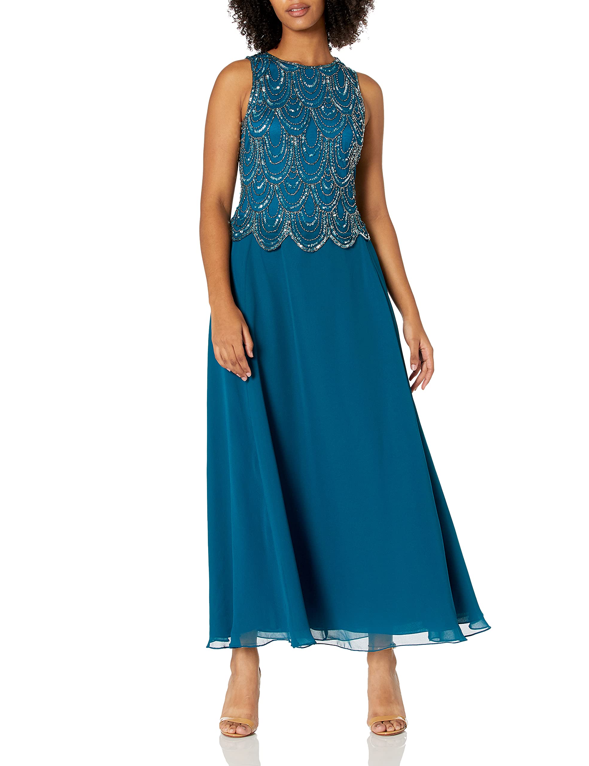 J Kara Women's Petite Sleeveless Beaded Pop Over Dress with Scarf - Elegant Summer Cocktail Party & Wedding Guest Outfit