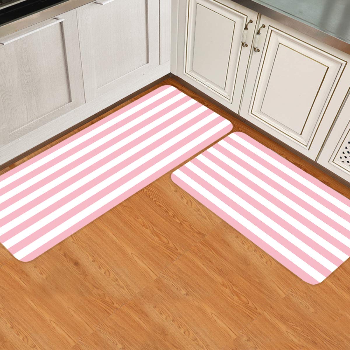 Premium Anti-Fatigue Kitchen Floor Mat Set of 2 - Extra Thick Cushioned Standing Mats with Non-Slip Backing, Waterproof Striped Design for Home & Office (Pink & White, 23.6