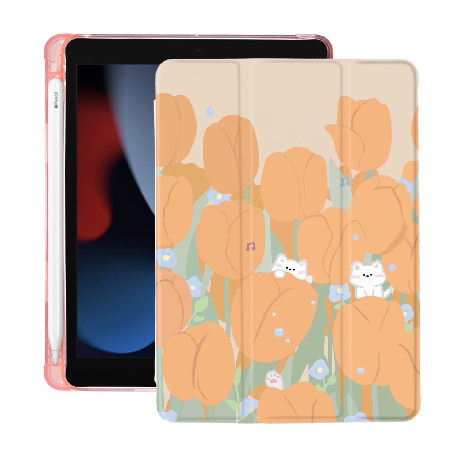 Premium Floral iPad Pro 12.9 Case (5th/6th Gen 2020-2022) - Cute Flower Painting Design with Pencil Holder, Auto Sleep/Wake, Soft Leather TPU Back Cover - Perfect for Work, School & Travel Protection