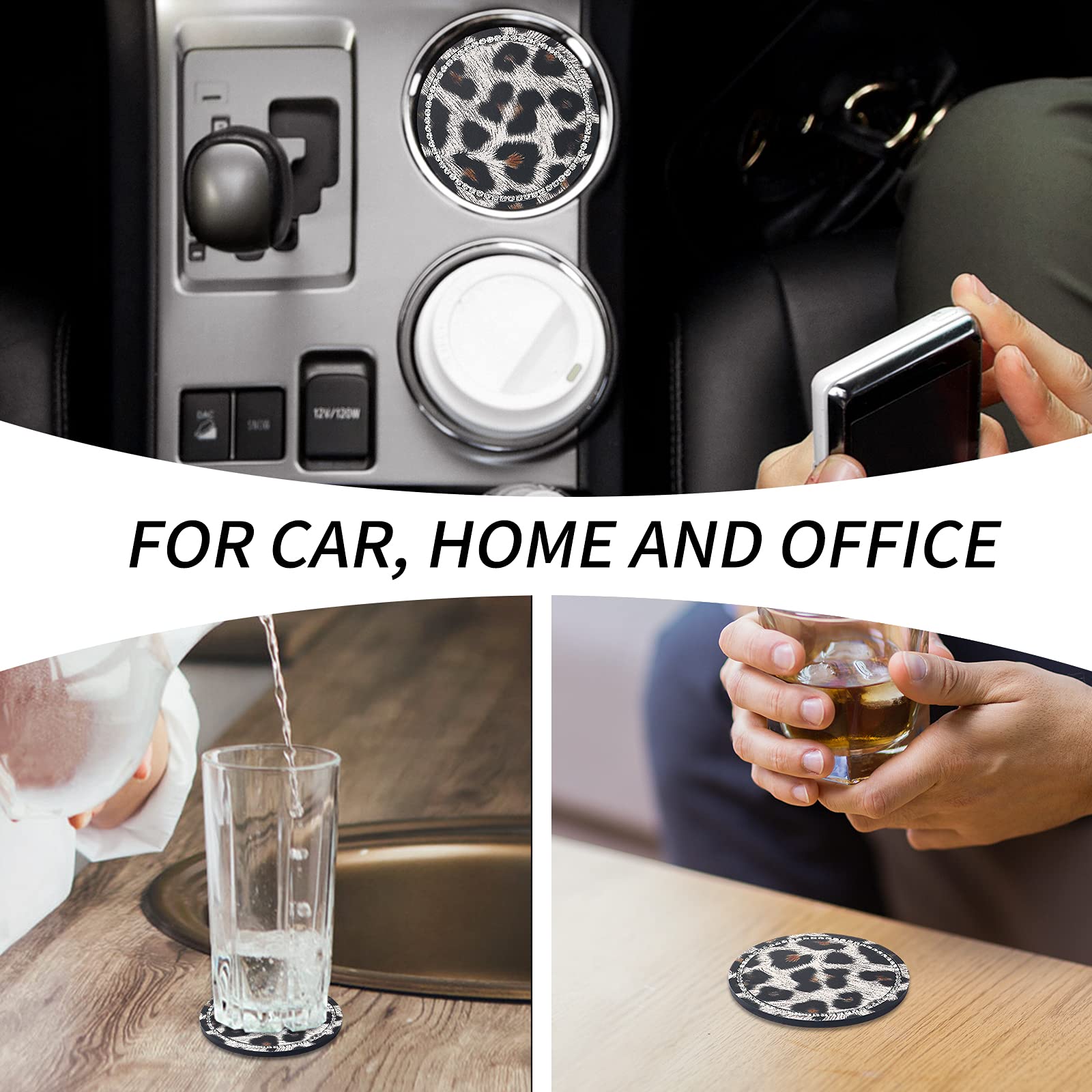 Universal Car Cup Holder Coasters - Bling Diamond Leopard Design, 4-Pack Silicone Drink Coasters for Women's Vehicle Accessories | Perfect for Coffee, Soda & Water Bottles in Cars (White Leopard)