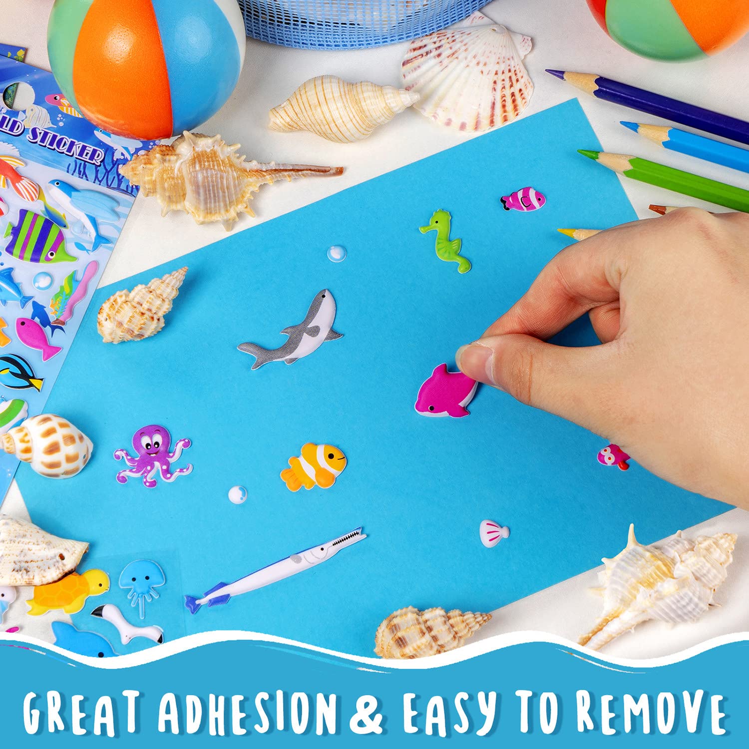 3D Puffy Fish Stickers for Kids & Toddlers - 8 Sheets, 400+ Waterproof Reusable Ocean Animal Stickers for Scrapbooking, DIY Crafts, Party Favors - Perfect for Classroom Activities, Baby Shower Decorations & Underwater Theme Parties