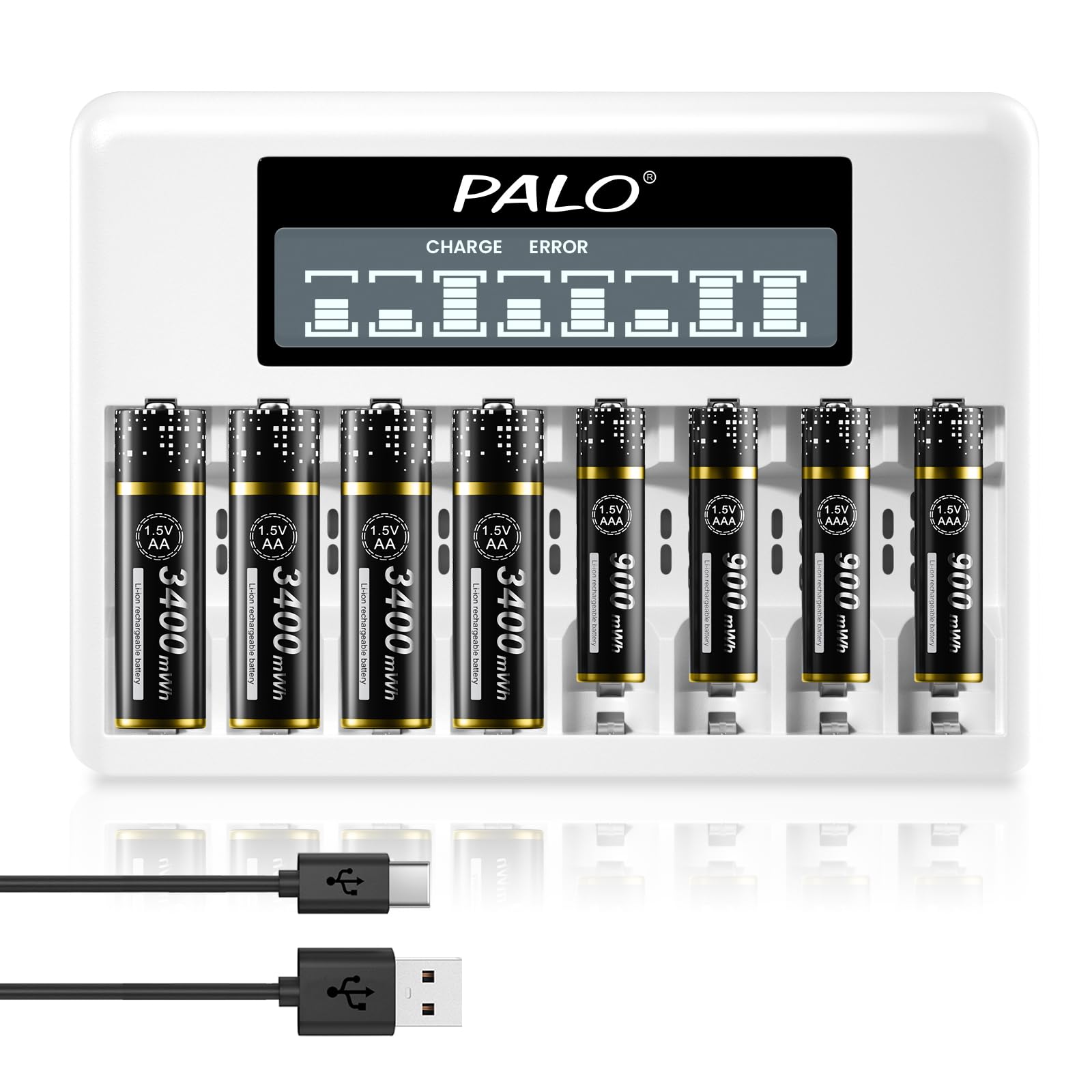 1.5V AA AAA Rechargeable Lithium Batteries Combo with Smart LCD Charger - 4 Pack AA 3400mWh & 4 Pack AAA 900mWh Batteries with 8 Slot Charger for Digital Cameras, Game Controllers, Flashlights and More