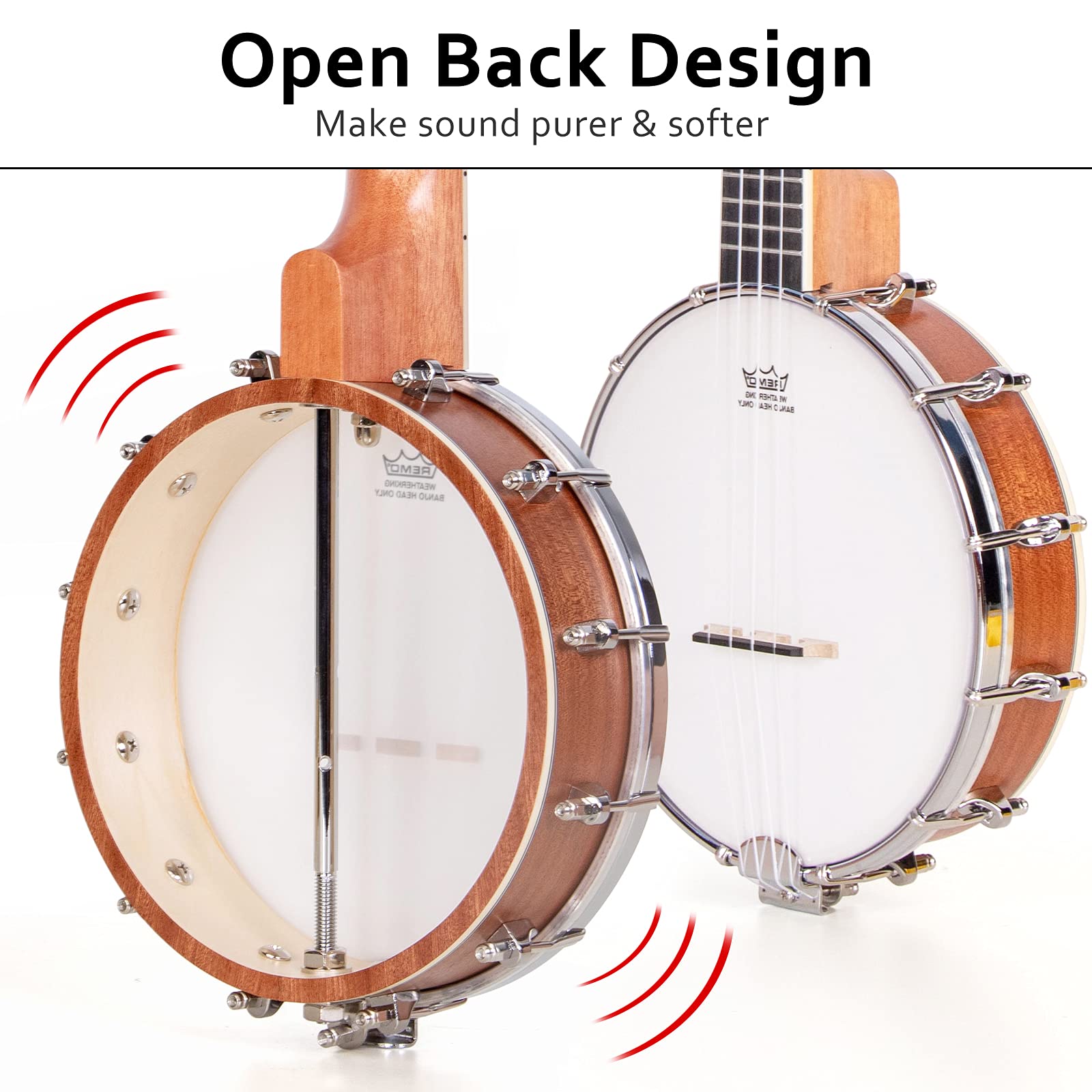 26 Inch Sapele Travel Banjolele 4-String Ukulele with Remo Drumhead & Open Back | Beginner Kit Includes Extra Strings, Allen Wrench, Tuner, Sandpaper, Ruler & Carry Bag | Perfect for Travel, Camping & Outdoor Music Performances