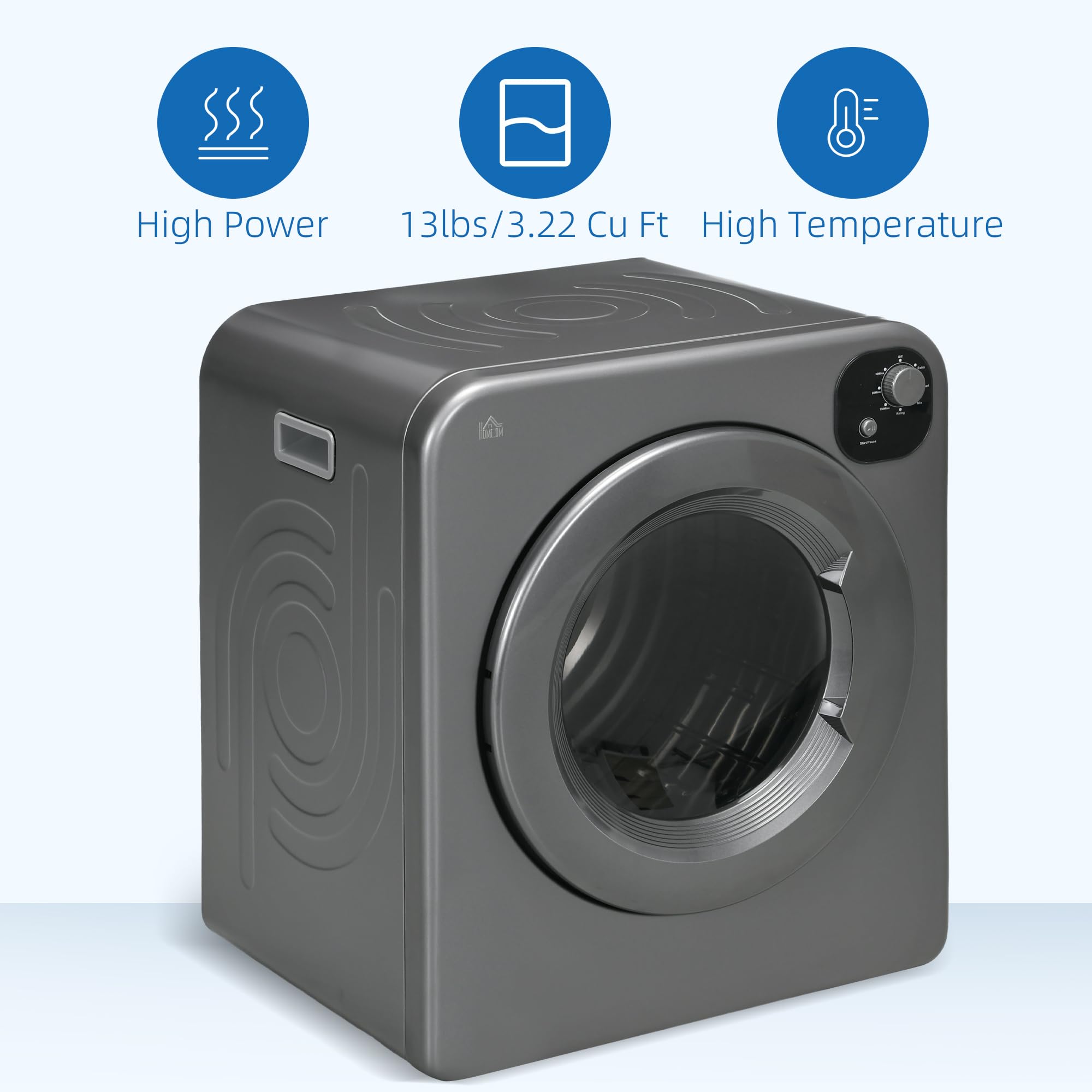 HOMCOM 120V 1300W Portable Electric Clothes Dryer - 3.2 cu.ft Stainless Steel Front Load Dryer with Intelligent Drying System - Compact Laundry Solution for Apartments, Dorms, RVs & Small Spaces - Perfect for Quick Drying Clothes in Tight Living Areas (Gray)
