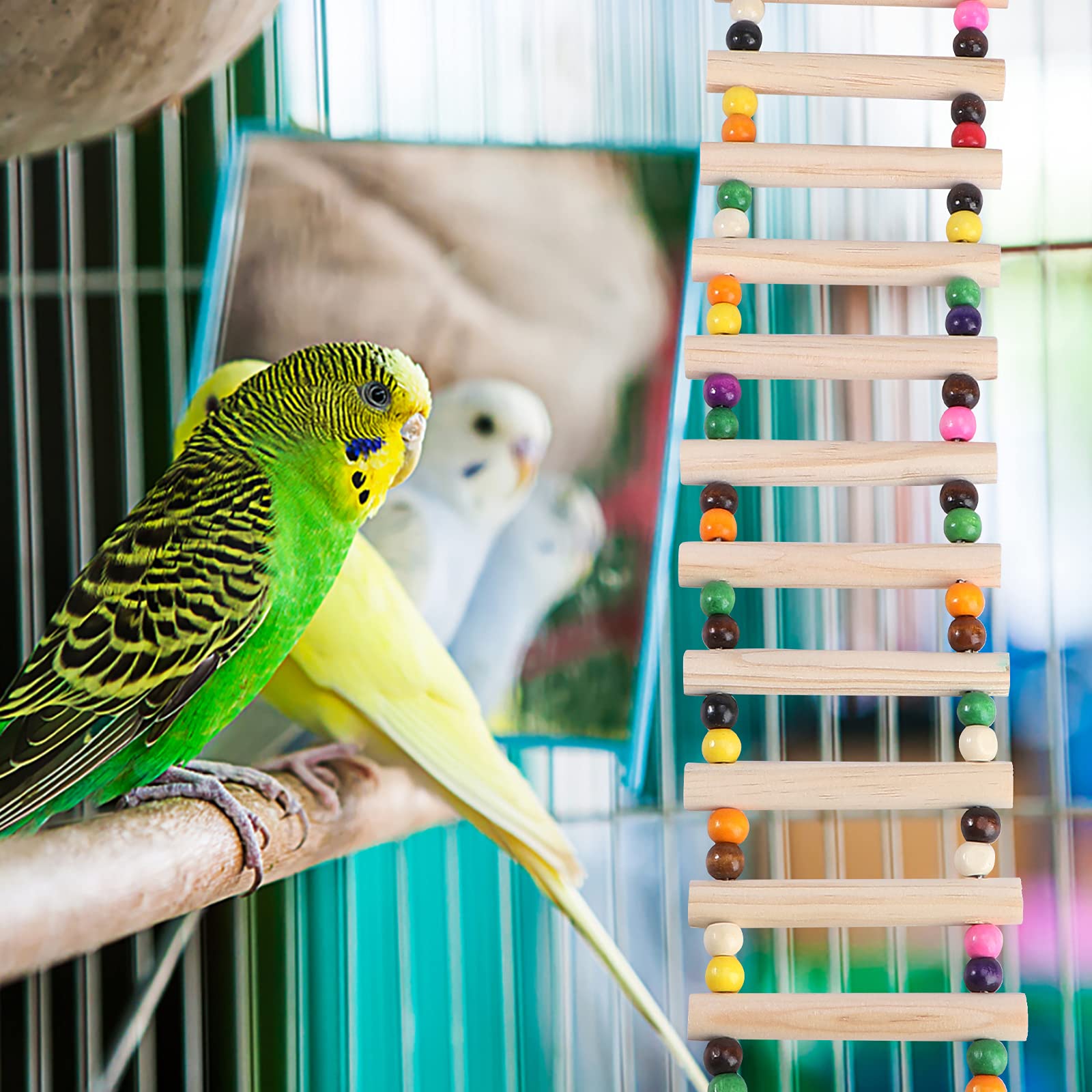 Natural Wooden Hamster Climbing Ladder & Parrot Toy with Chewable Beads - Fun Small Pet Plaything for Cages (Beige) | Perfect for Rodent Exercise & Bird Enrichment Activities