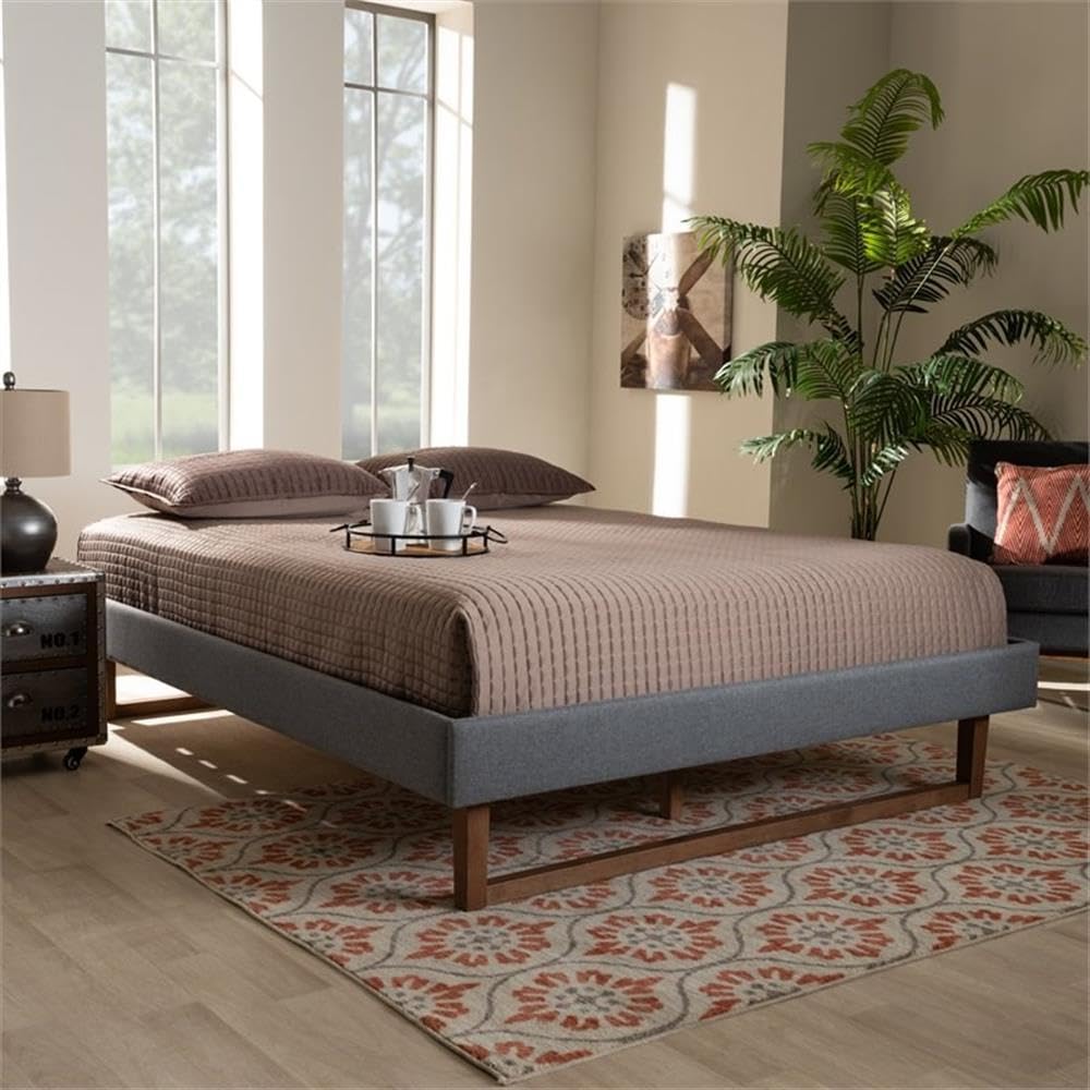 Baxton Studio Liliya Mid-Century Modern Queen Platform Bed - Dark Gray Wood & Fabric Upholstered Frame - Perfect for Contemporary Bedrooms & Guest Rooms