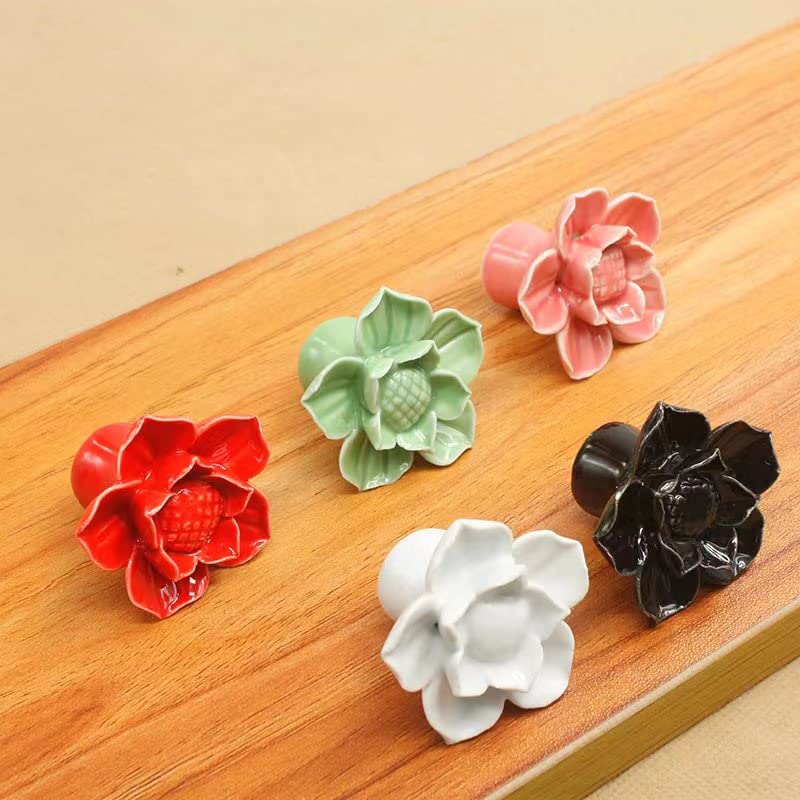 Black Ceramic Flower Drawer Knobs and Pulls - Pack of 6 for DIY Home Furniture, Cabinets, Dressers & Cupboards - Elegant Door Handles for Bedroom, Kitchen & Bathroom Storage