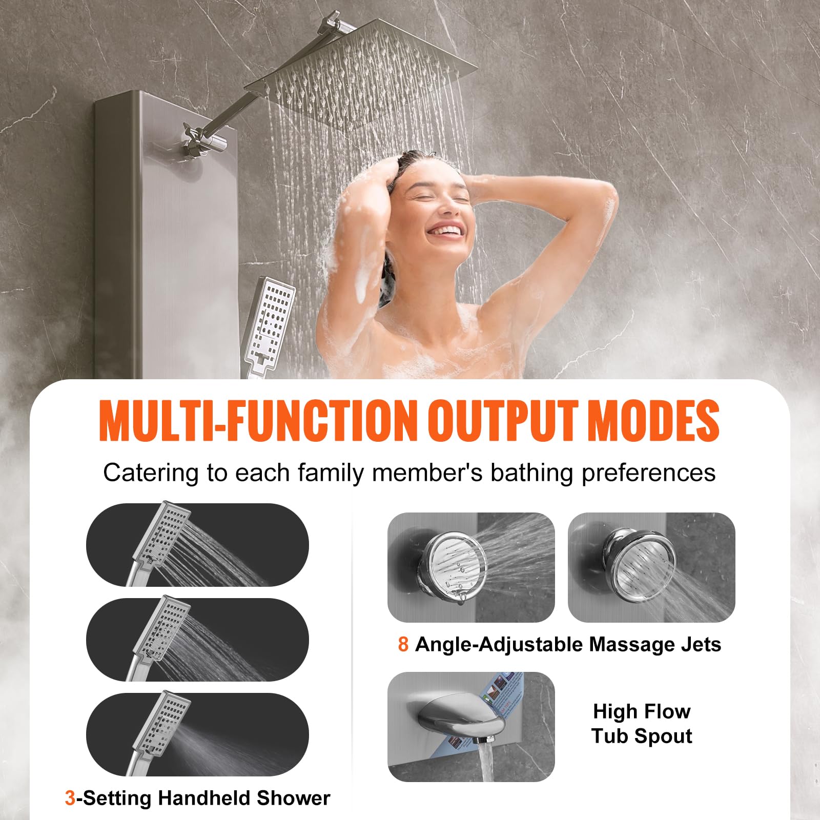 VEVOR Stainless Steel Shower Tower Panel with 5 Modes & Digital Display - Rainfall Shower, 8 Massage Jets, Tub Spout & 3-Setting Handheld Shower Head with 59
