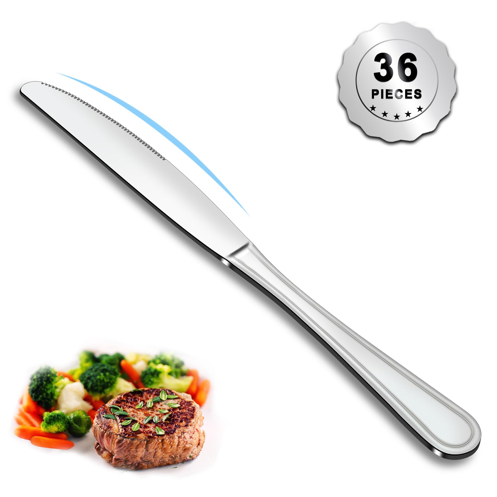 9-Inch Dinner Knives Set of 36 Pieces with Butter Knives - Ultra Sharp Stainless Steel Cutlery - Dishwasher Safe Silverware - Perfect for Formal Dining, Restaurant Use & Dinner Parties