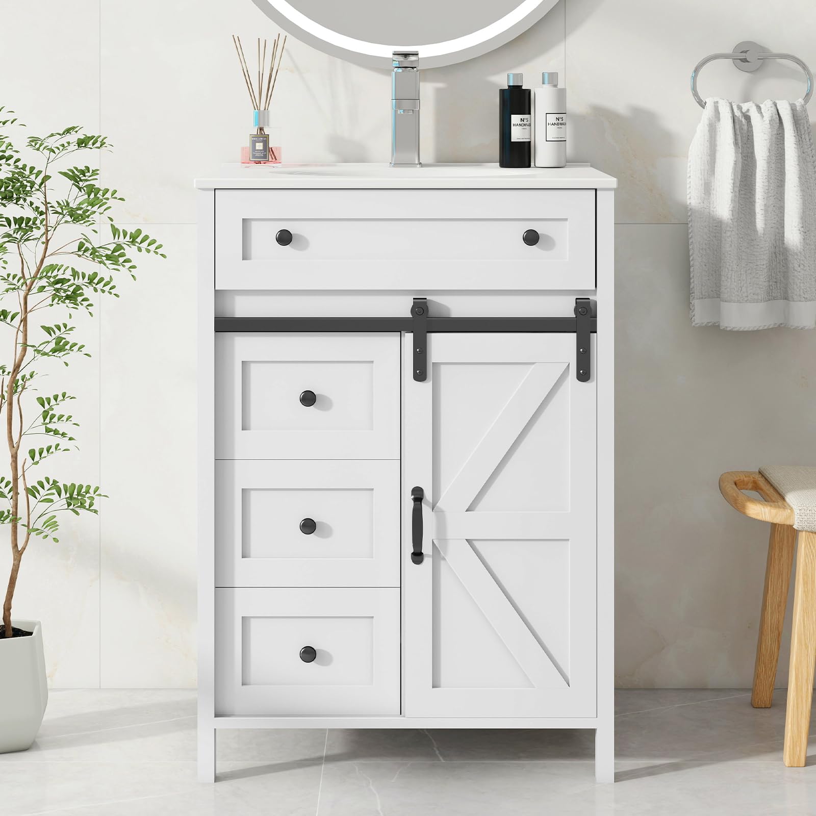Vabches Freestanding Bathroom Vanity Set with Sink, Matte Silver Faucet, Drawers & Sliding Door - White Bathroom Storage Cabinet for Small Spaces, Modern Powder Room & Guest Bathroom Makeover
