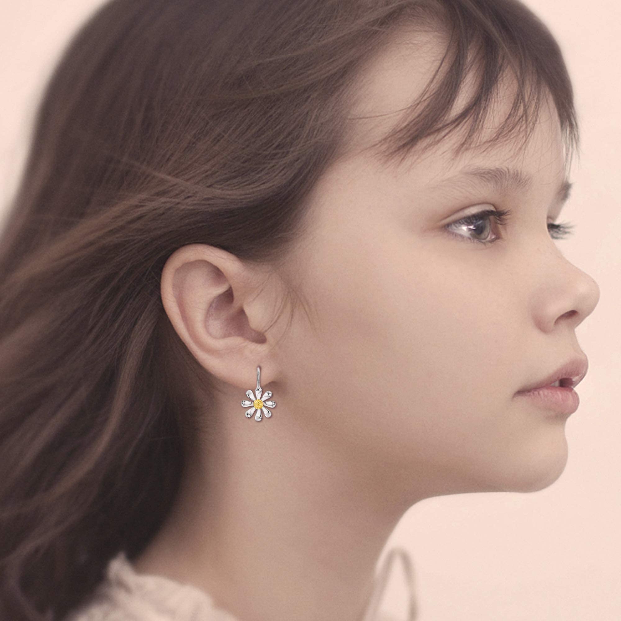 KRFY Daisy Earrings - 925 Sterling Silver Flower Dangle Earrings with 18K White Gold Plating, Elegant Leverback Drop Earrings for Women | Perfect for Weddings, Parties & Everyday Wear