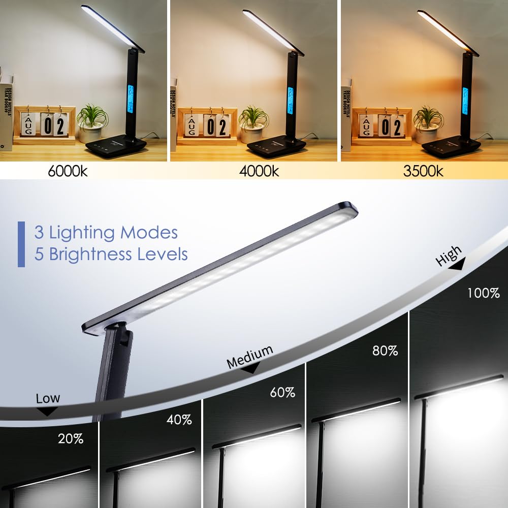 Multifunctional LED Desk Lamp with Wireless Charger & USB Port - Adjustable Study Light with Clock & Phone Holder for Home Office, Reading, Gaming - Eye-Caring Desk Lamp for Students, Teens, Boys & Girls (Black) - Perfect for Night Studying, Work from Home & Bedside Use